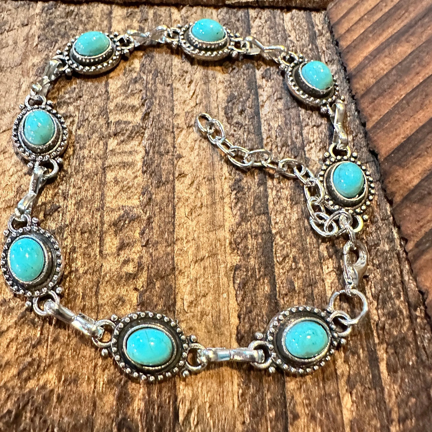 Handcrafted Boho Western Chic Turquoise Stone Link Bracelet, Adjustable, Gift Box - Silver Elegant