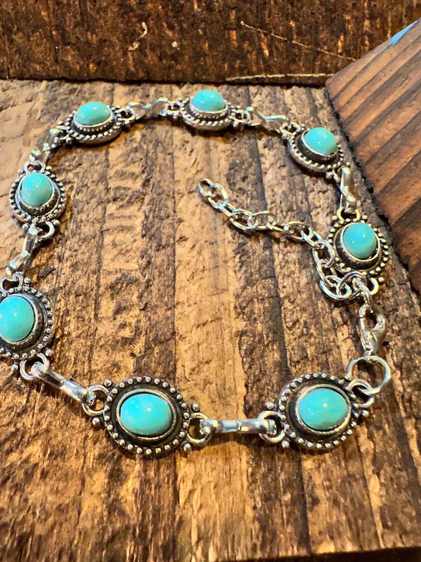 Handcrafted Boho Western Chic Turquoise Stone Link Bracelet, Adjustable, Gift Box - Silver Elegant