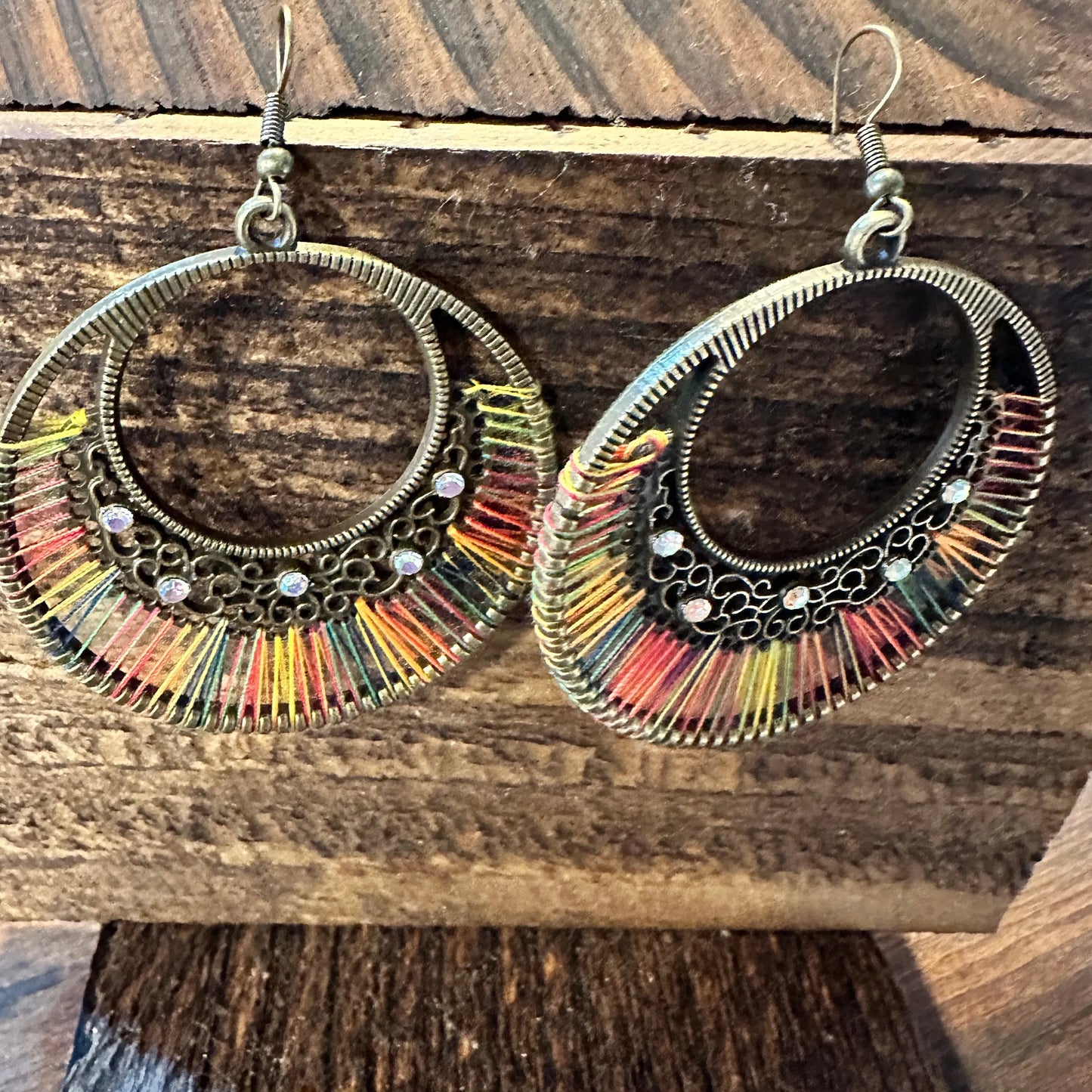 Boho Hippie Cowgirl Threaded Loop Wire Drop Earrings, Multicolor, Gift Box - Silver Elegant