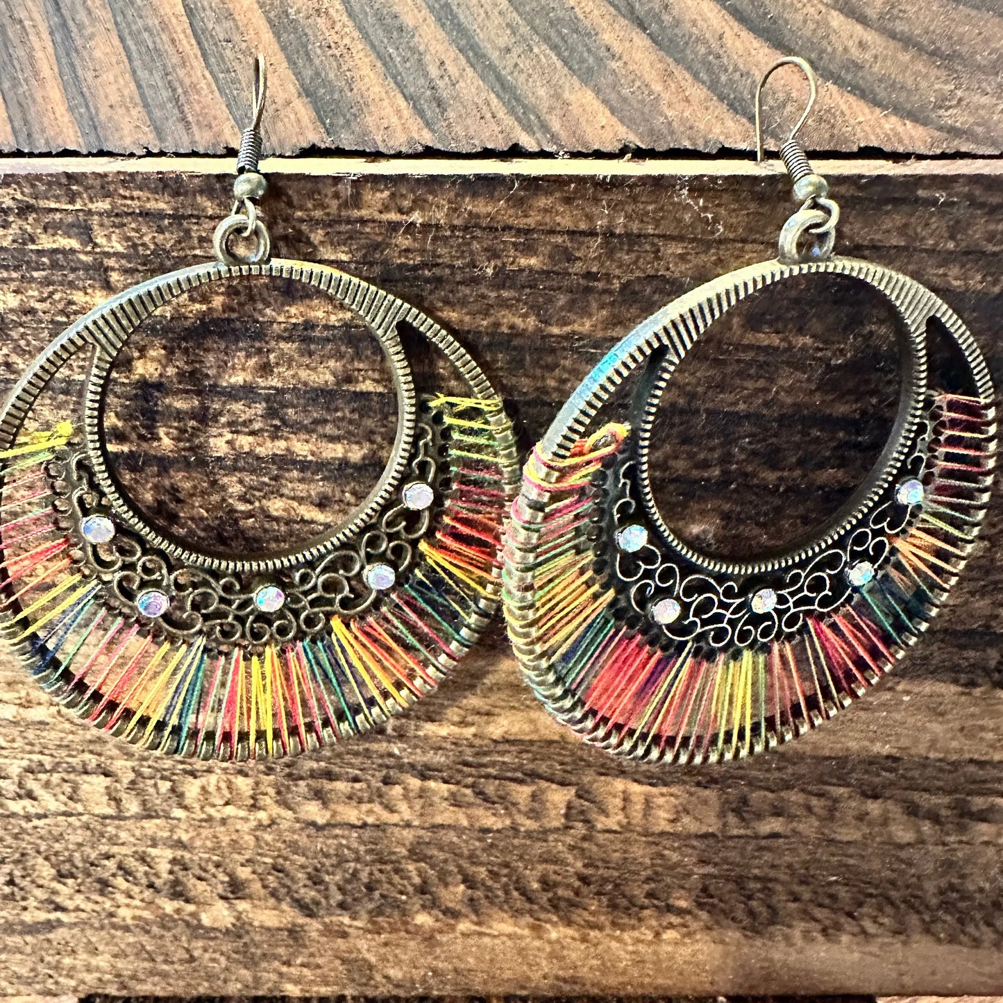 Boho Hippie Cowgirl Threaded Loop Wire Drop Earrings, Multicolor, Gift Box - Silver Elegant