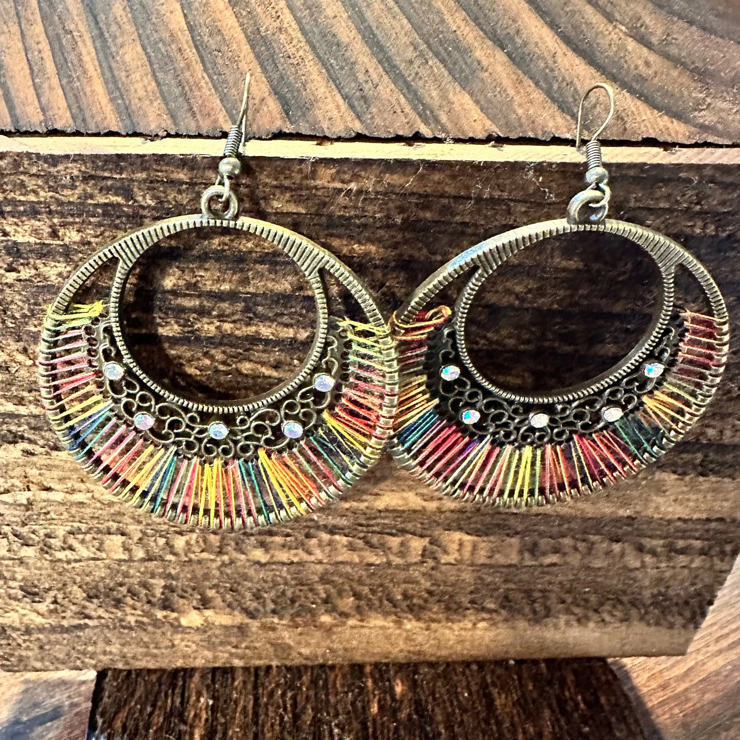 Boho Hippie Cowgirl Threaded Loop Wire Drop Earrings, Multicolor, Gift Box - Silver Elegant