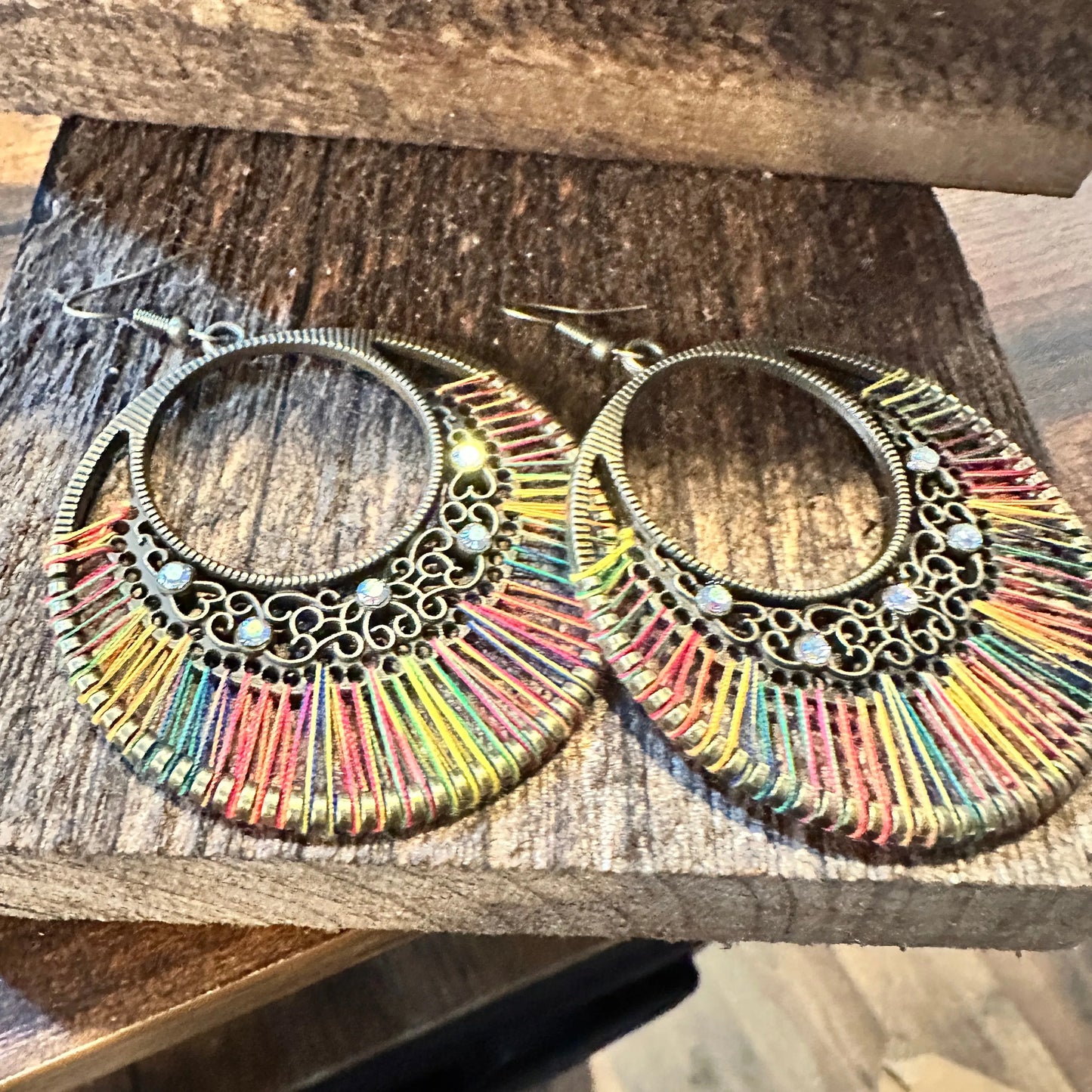 Boho Hippie Cowgirl Threaded Loop Wire Drop Earrings, Multicolor, Gift Box - Silver Elegant