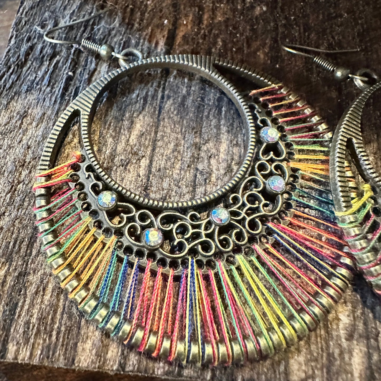 Boho Hippie Cowgirl Threaded Loop Wire Drop Earrings, Multicolor, Gift Box - Silver Elegant