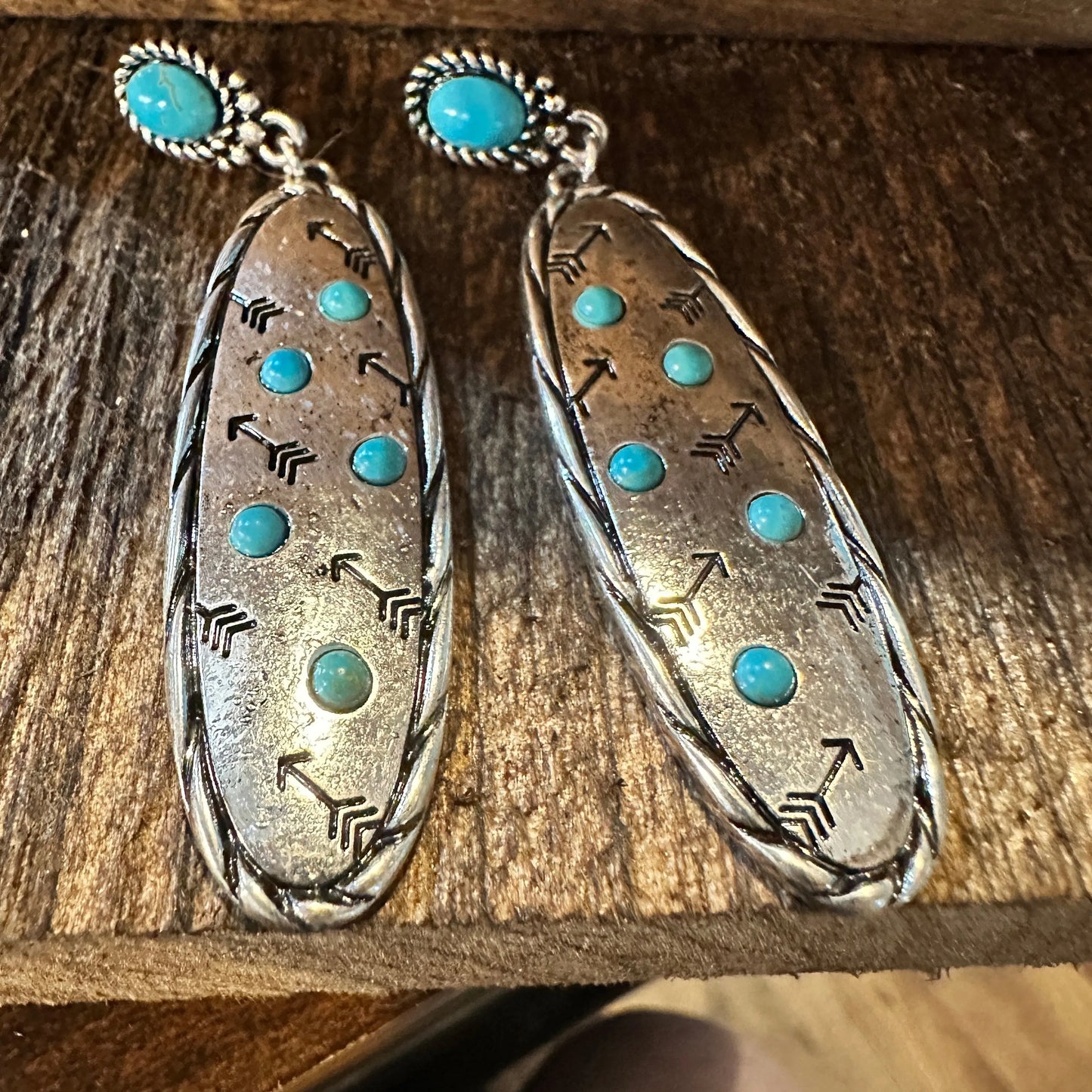 Boho Hippie Cowgirl Western Stamped Stone Earrings - Cactus Thunderbolt Arrows, Gift Box - Silver Elegant