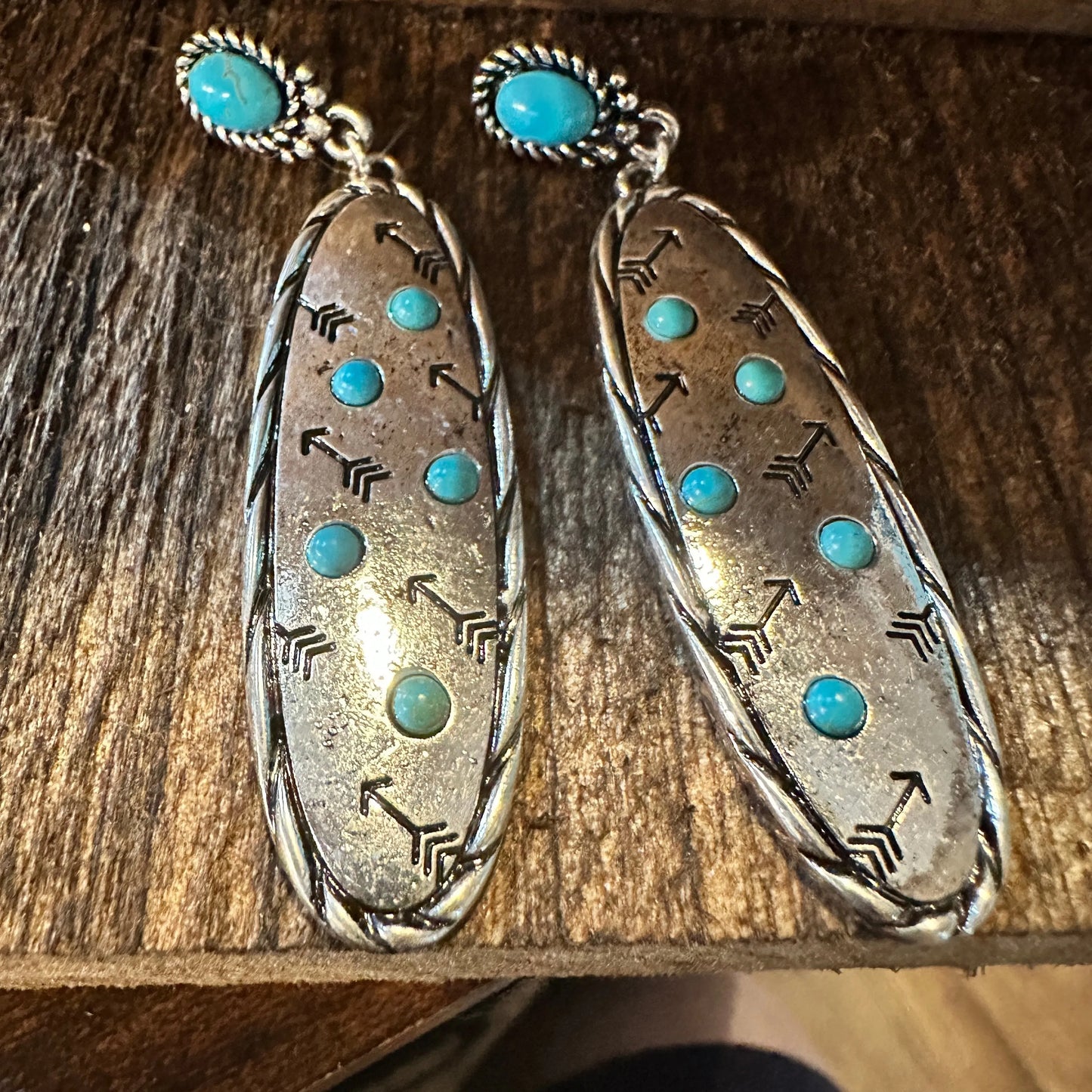 Boho Hippie Cowgirl Western Stamped Stone Earrings - Cactus Thunderbolt Arrows, Gift Box - Silver Elegant