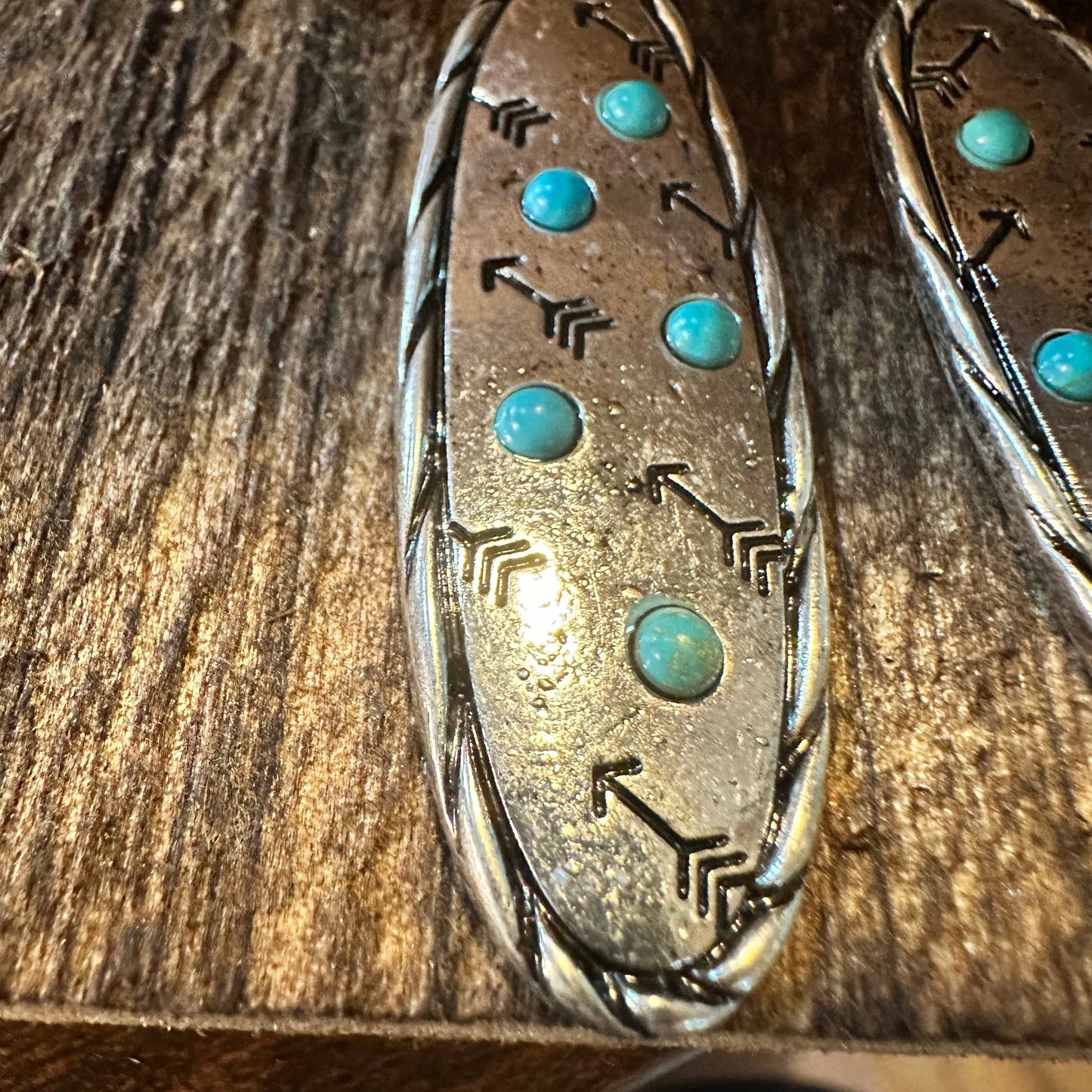 Boho Hippie Cowgirl Western Stamped Stone Earrings - Cactus Thunderbolt Arrows, Gift Box - Silver Elegant