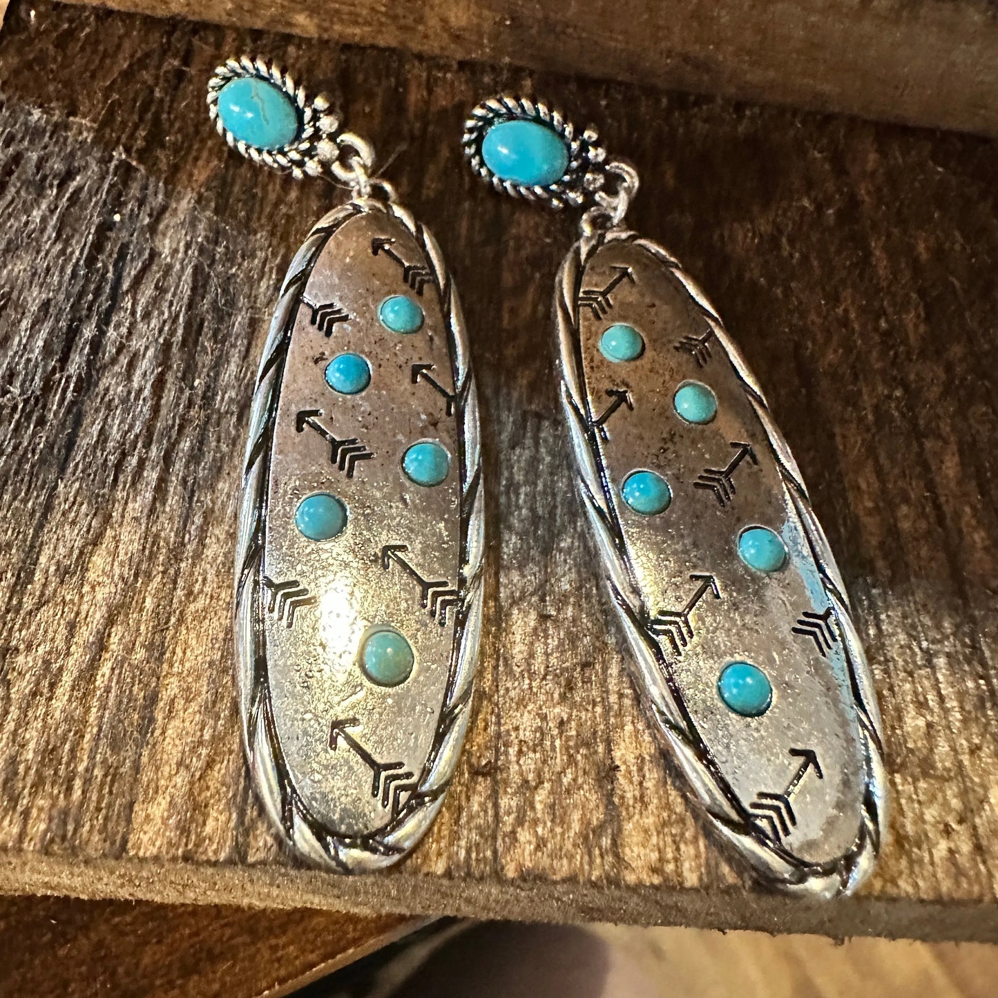 Boho Hippie Cowgirl Western Stamped Stone Earrings - Cactus Thunderbolt Arrows, Gift Box - Silver Elegant