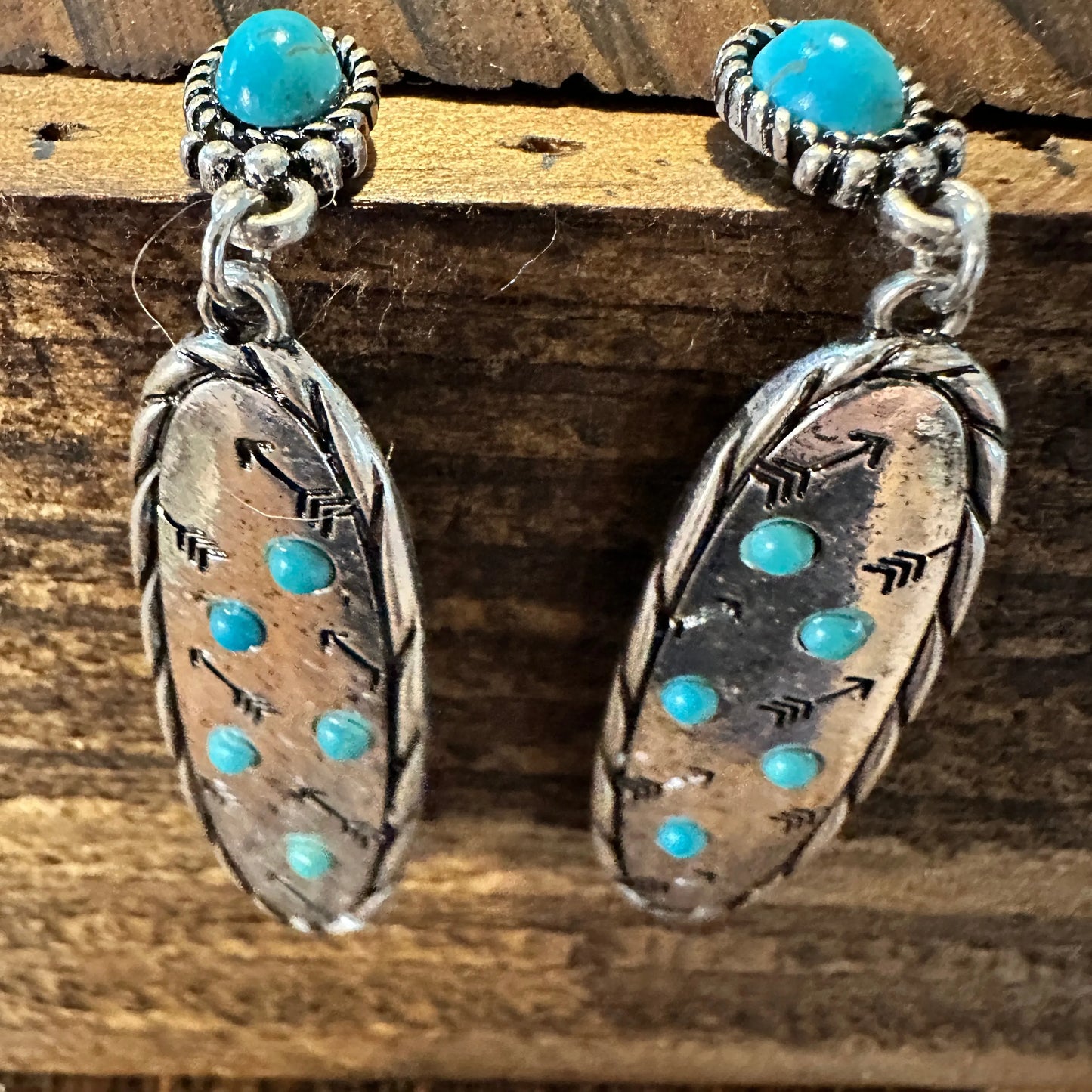 Boho Hippie Cowgirl Western Stamped Stone Earrings - Cactus Thunderbolt Arrows, Gift Box - Silver Elegant