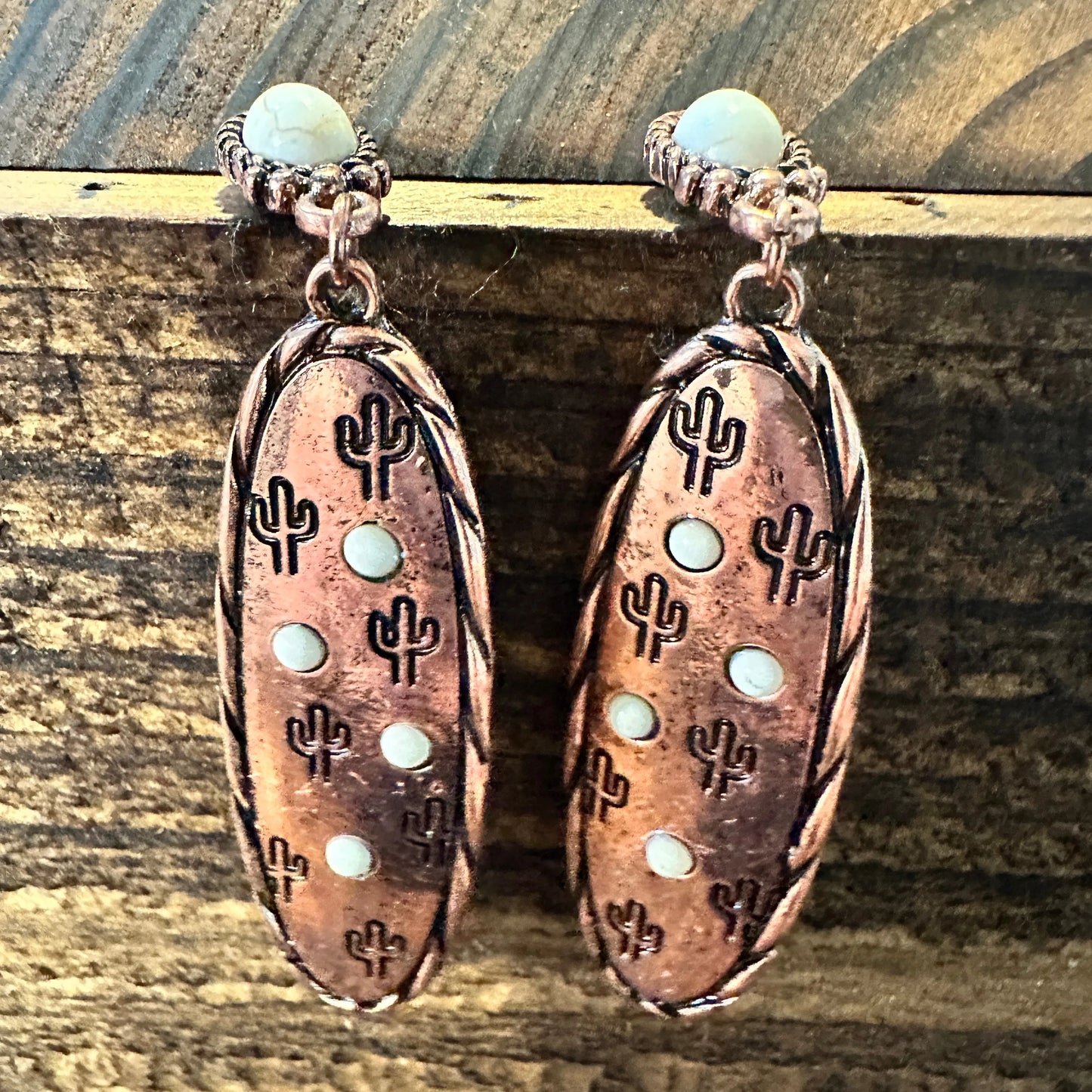 Boho Hippie Cowgirl Western Stamped Stone Copper Earrings - Cactus Thunderbolt Arrows, Gift Box - Silver Elegant