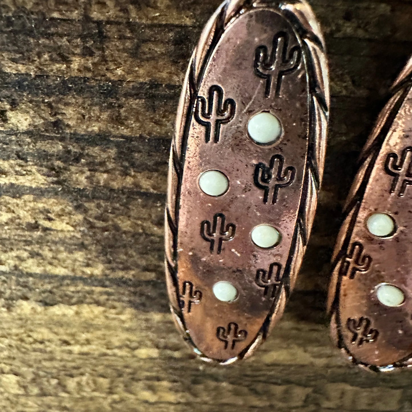 Boho Hippie Cowgirl Western Stamped Stone Copper Earrings - Cactus Thunderbolt Arrows, Gift Box - Silver Elegant