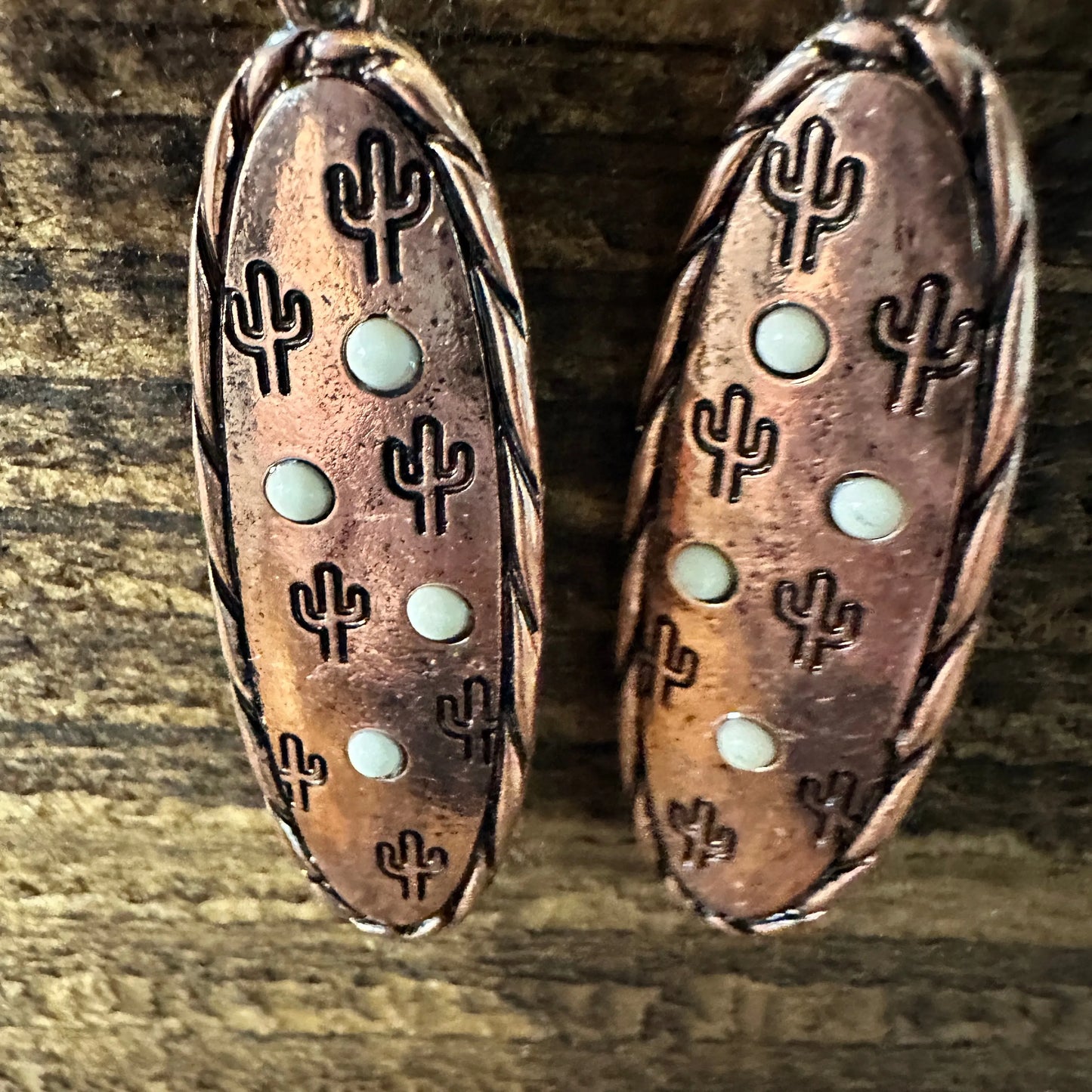 Boho Hippie Cowgirl Western Stamped Stone Copper Earrings - Cactus Thunderbolt Arrows, Gift Box - Silver Elegant