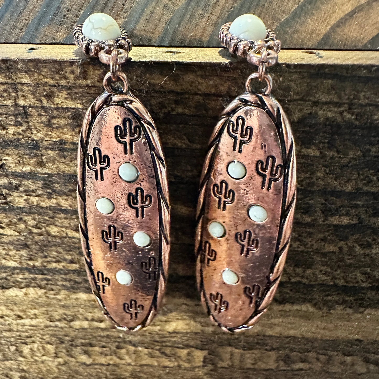 Boho Hippie Cowgirl Western Stamped Stone Copper Earrings - Cactus Thunderbolt Arrows, Gift Box - Silver Elegant