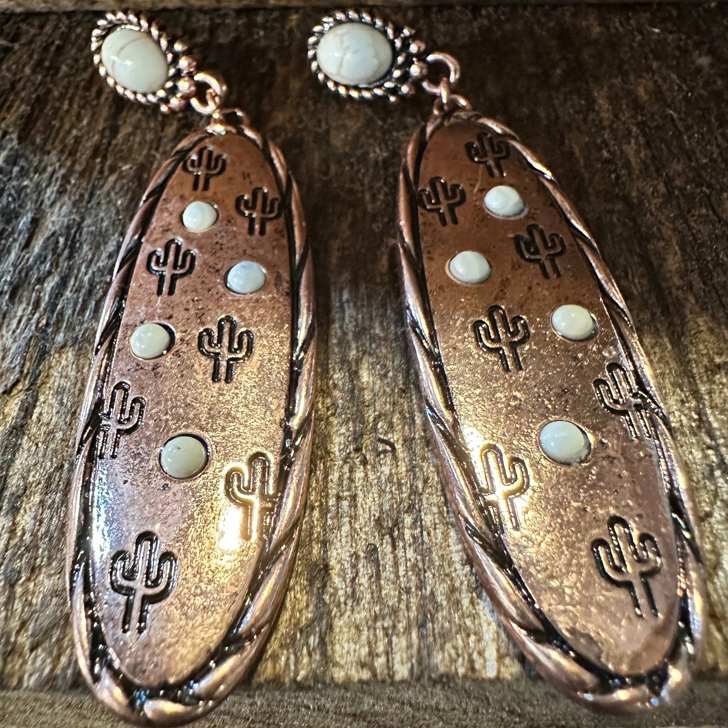 Boho Hippie Cowgirl Western Stamped Stone Copper Earrings - Cactus Thunderbolt Arrows, Gift Box - Silver Elegant
