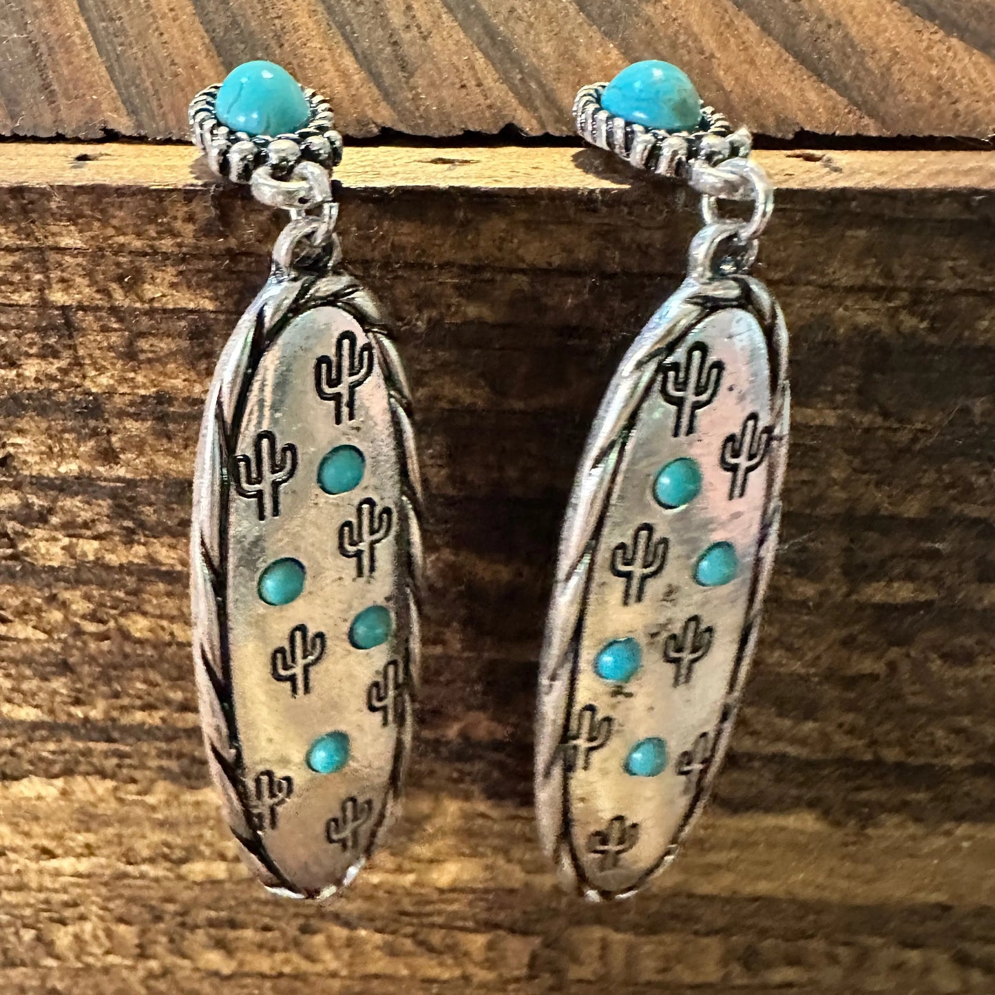 Boho Hippie Cowgirl Western Stamped Stone Silver Earrings - Cactus Turquoise, Gift Box - Silver Elegant