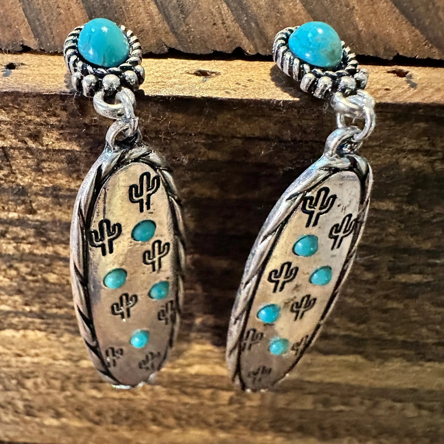 Boho Hippie Cowgirl Western Stamped Stone Silver Earrings - Cactus Turquoise, Gift Box - Silver Elegant