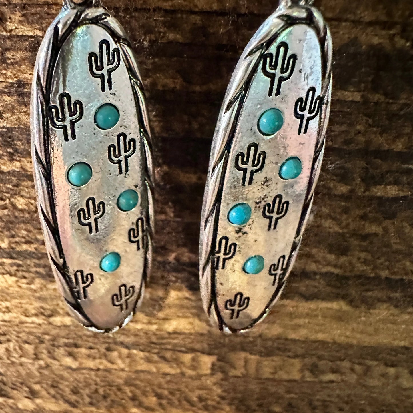 Boho Hippie Cowgirl Western Stamped Stone Silver Earrings - Cactus Turquoise, Gift Box - Silver Elegant