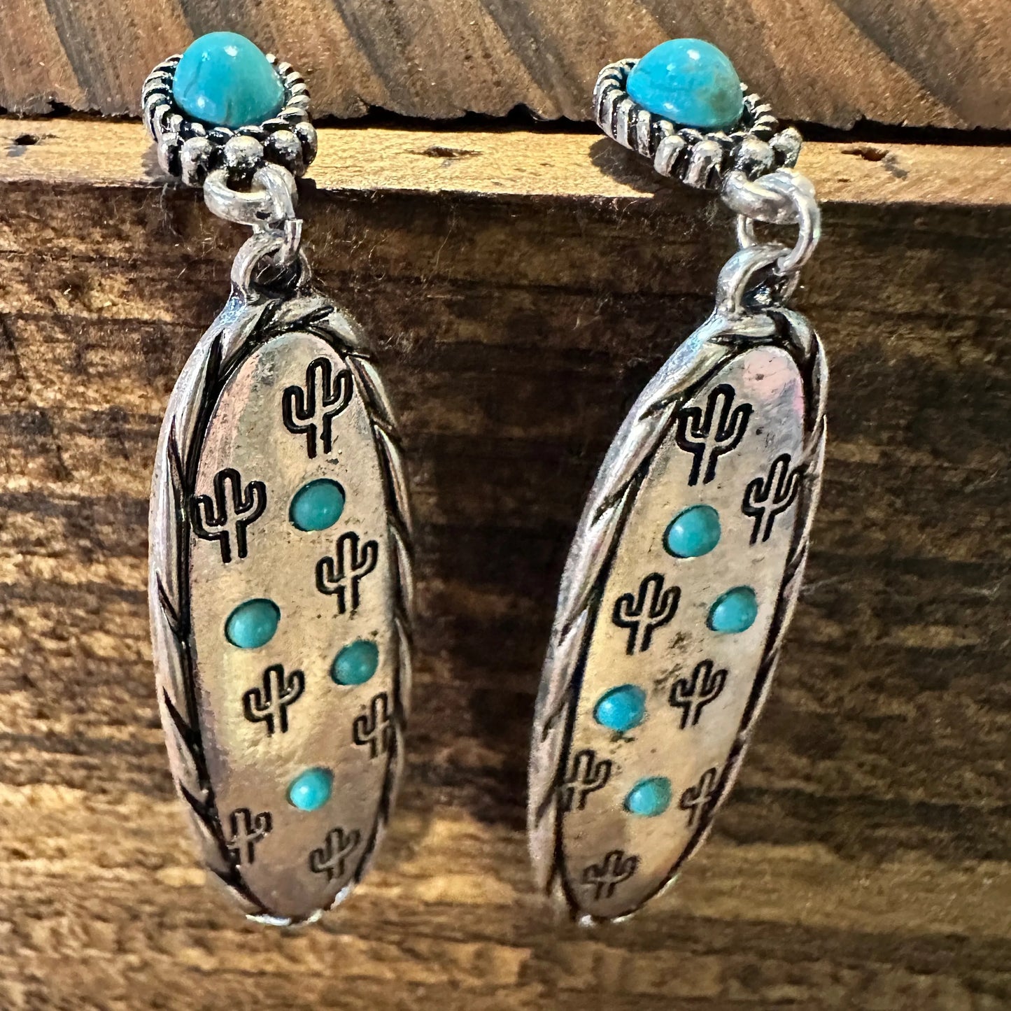 Boho Hippie Cowgirl Western Stamped Stone Silver Earrings - Cactus Turquoise, Gift Box - Silver Elegant