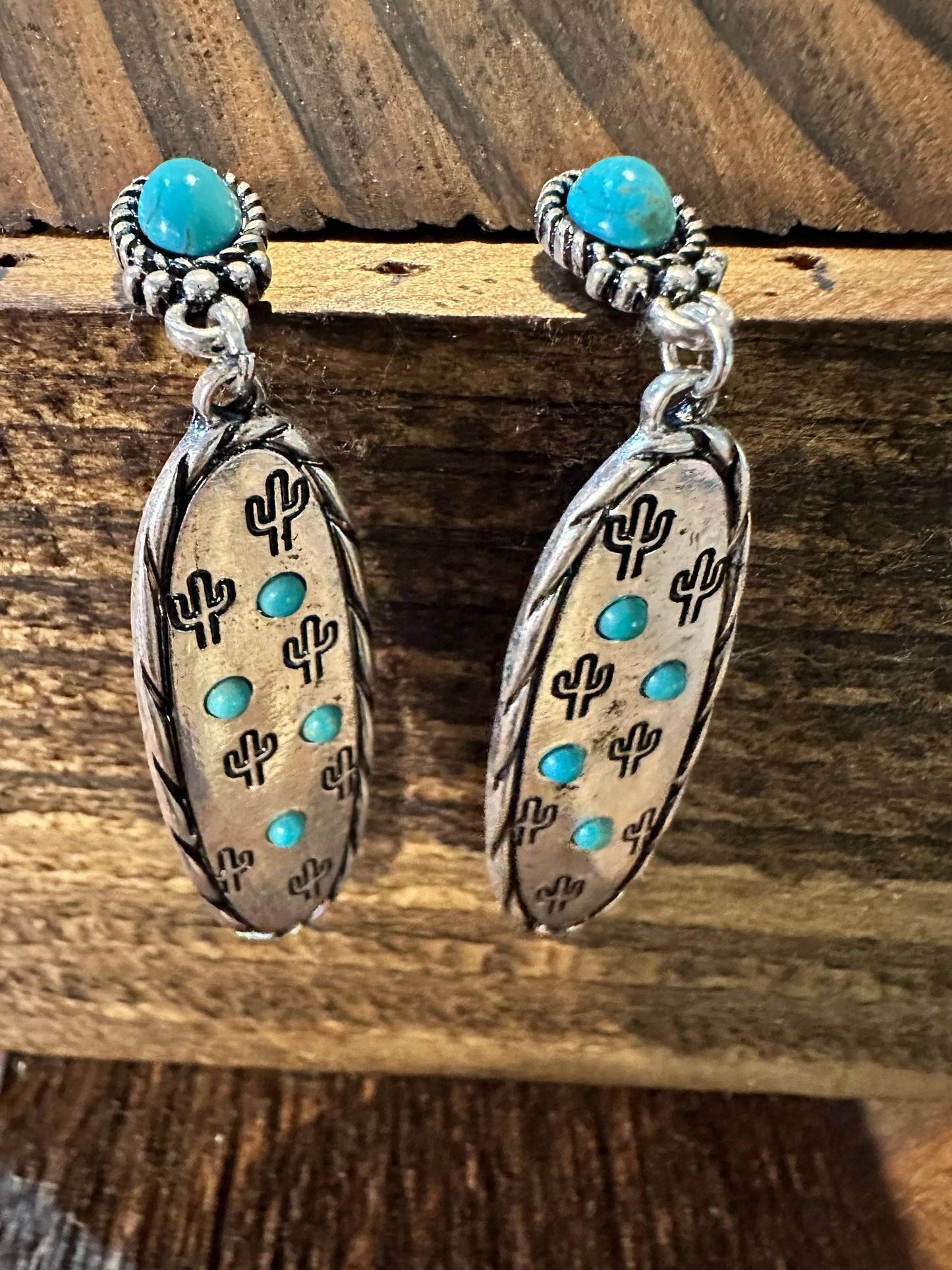 Boho Hippie Cowgirl Western Stamped Stone Silver Earrings - Cactus Turquoise, Gift Box - Silver Elegant