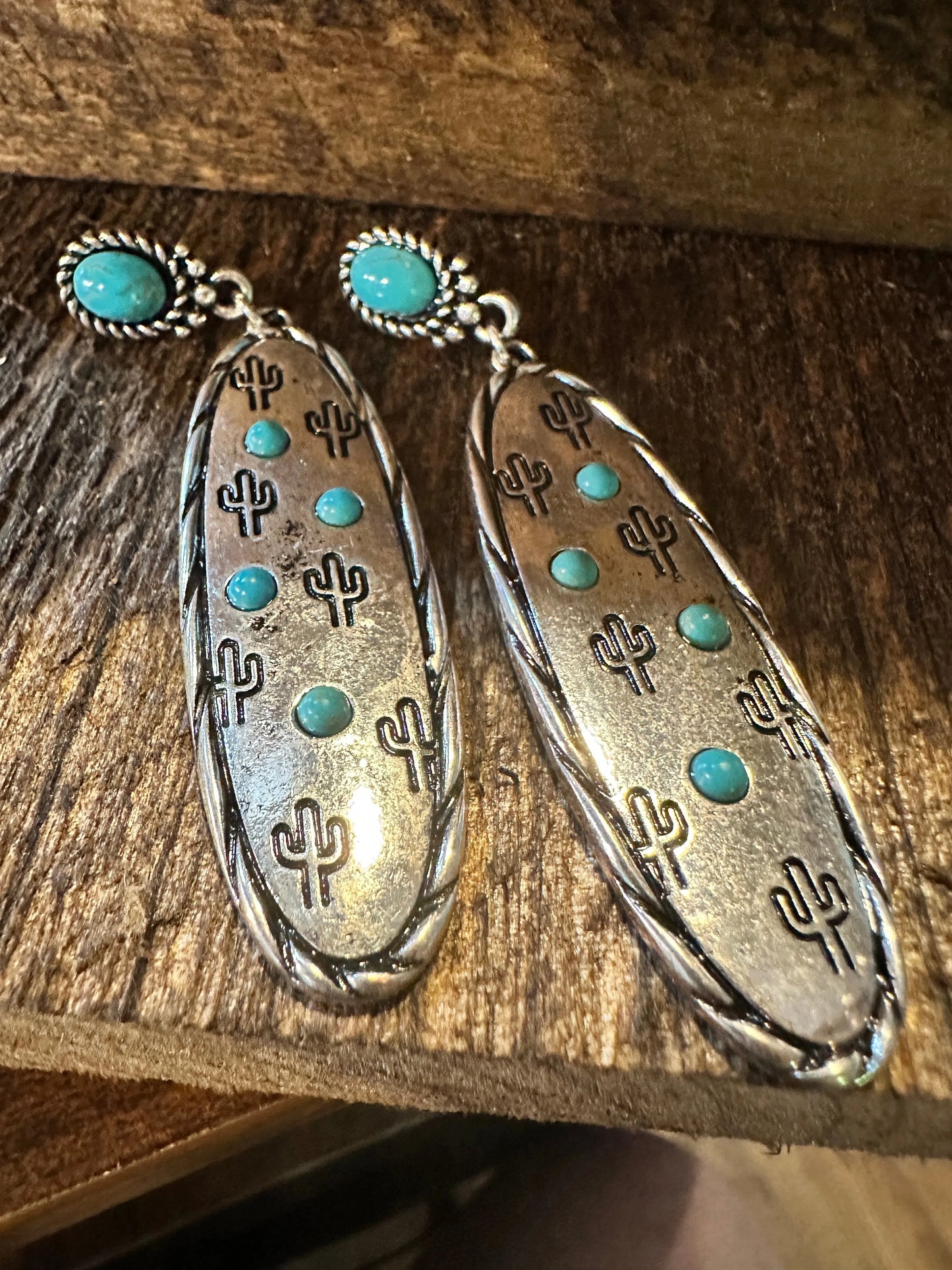 Boho Hippie Cowgirl Western Stamped Stone Silver Earrings - Cactus Turquoise, Gift Box - Silver Elegant