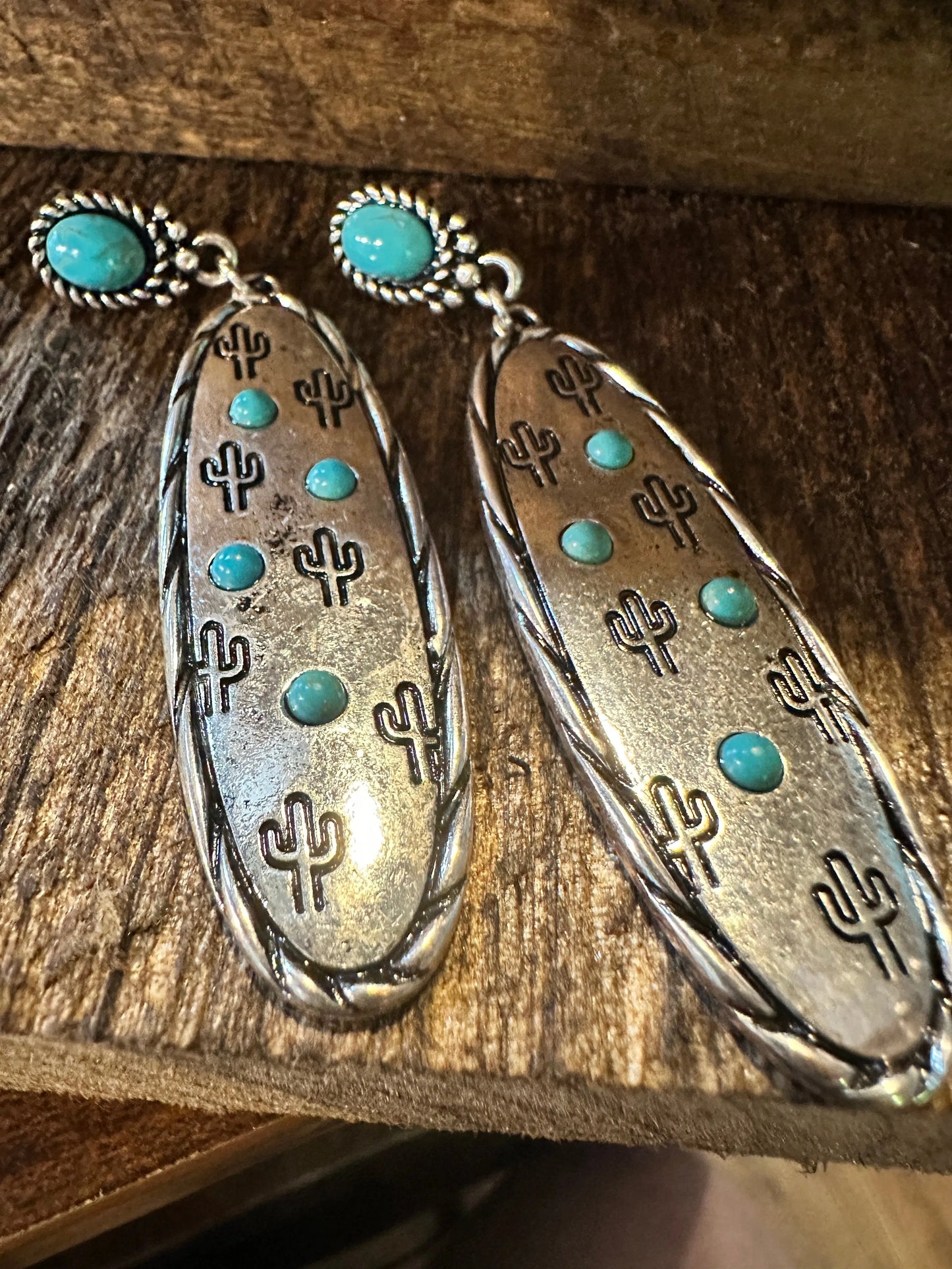 Boho Hippie Cowgirl Western Stamped Stone Silver Earrings - Cactus Turquoise, Gift Box - Silver Elegant