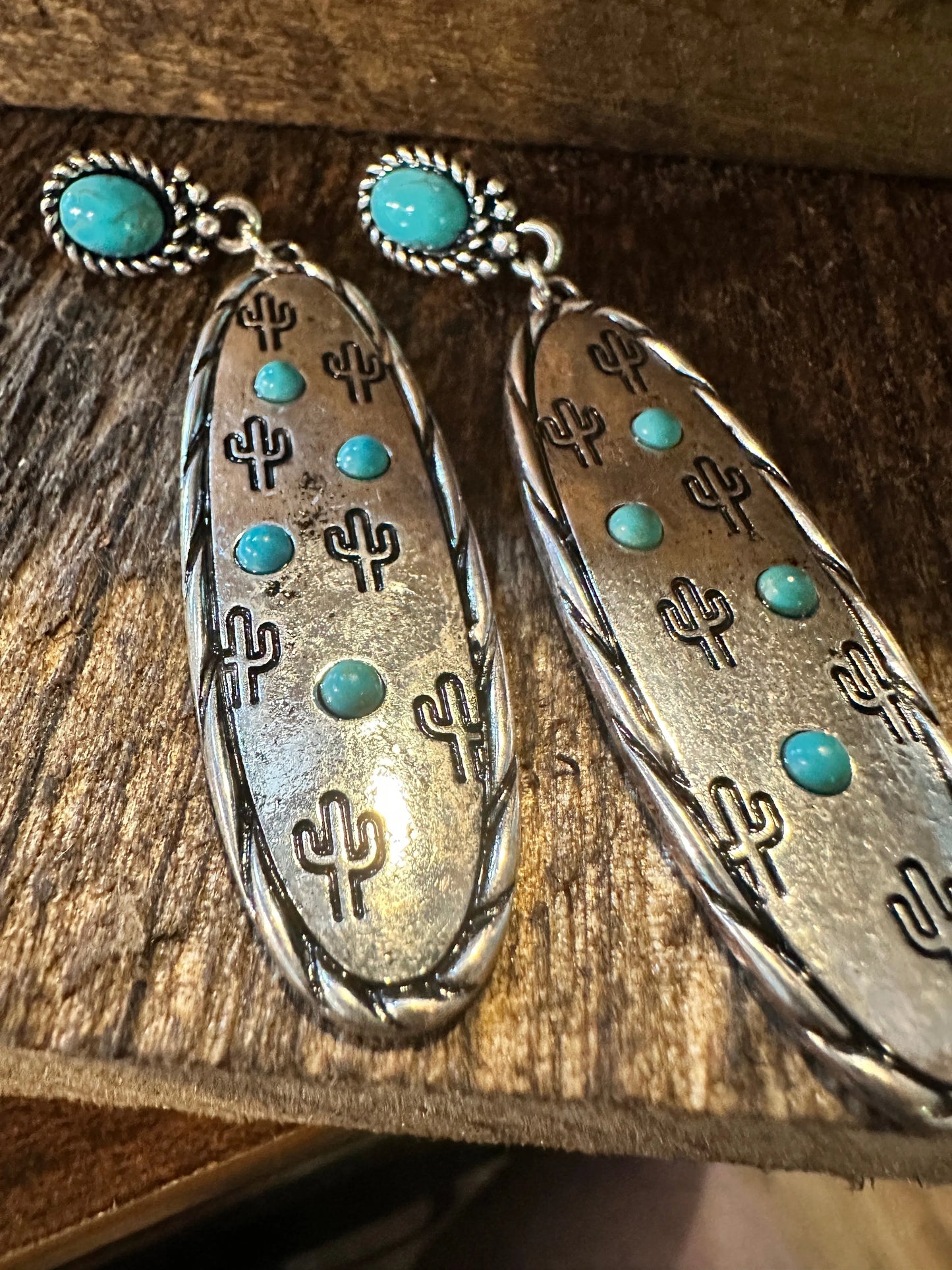 Boho Hippie Cowgirl Western Stamped Stone Silver Earrings - Cactus Turquoise, Gift Box - Silver Elegant