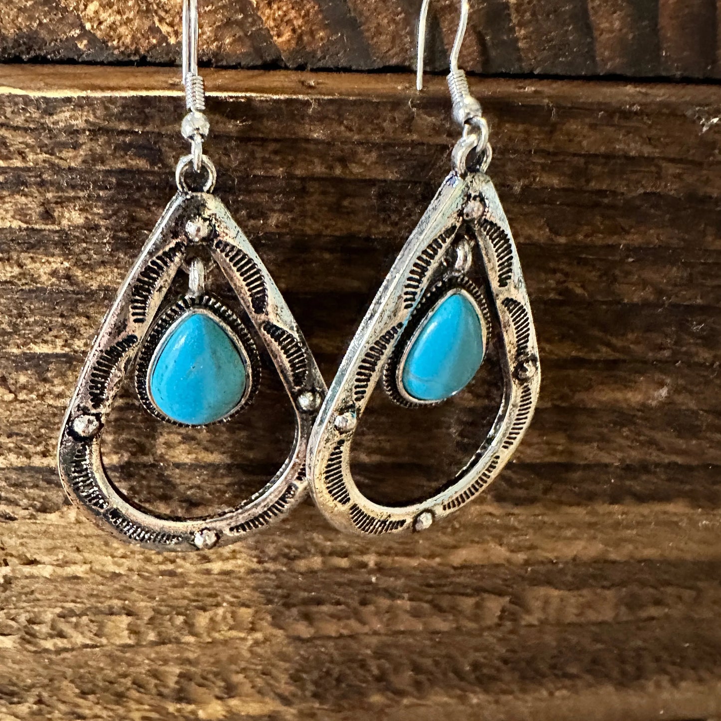 Boho Hippie Cowgirl Western Stamped Turquoise Teardrop Silver Earrings, Gift Box - Silver Elegant