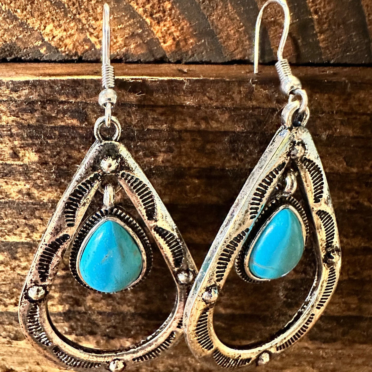 Boho Hippie Cowgirl Western Stamped Turquoise Teardrop Silver Earrings, Gift Box - Silver Elegant