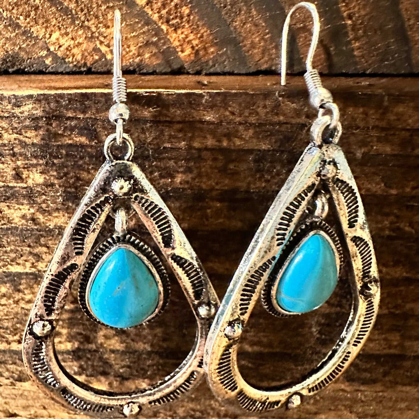 Boho Hippie Cowgirl Western Stamped Turquoise Teardrop Silver Earrings, Gift Box - Silver Elegant
