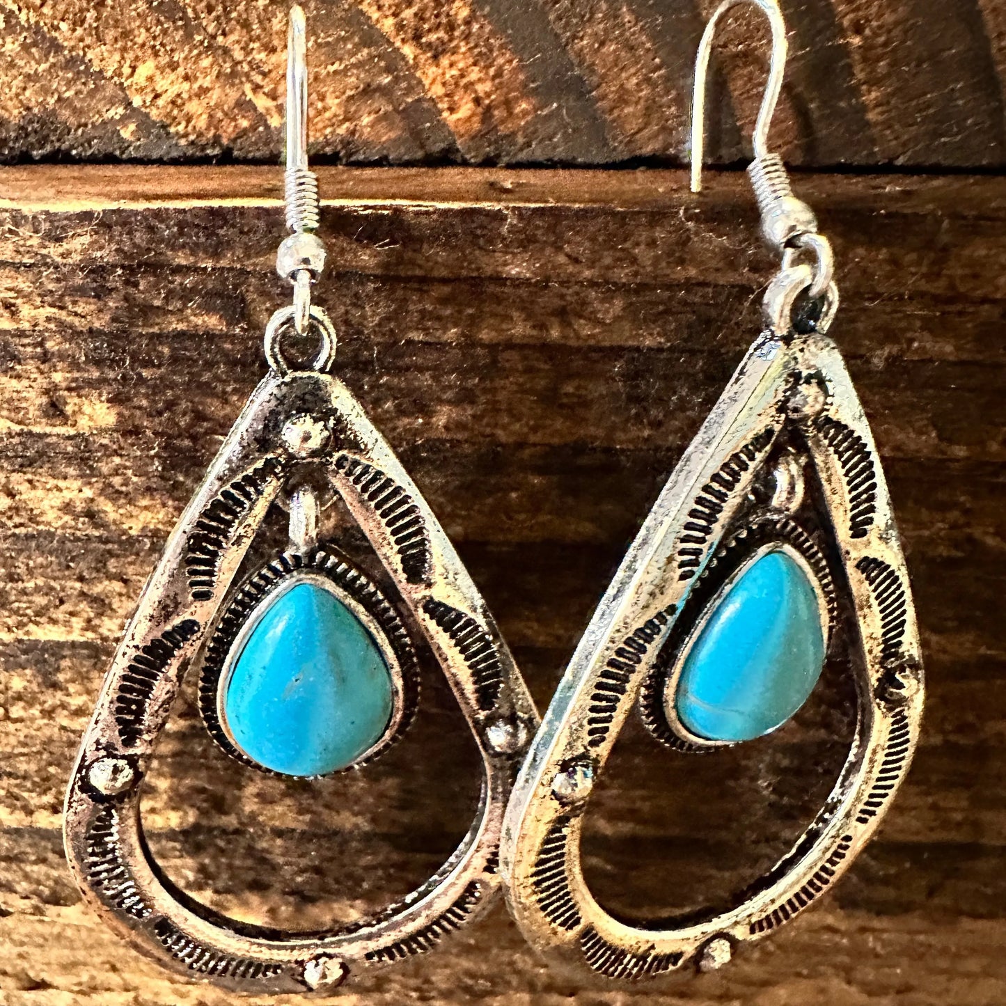 Boho Hippie Cowgirl Western Stamped Turquoise Teardrop Silver Earrings, Gift Box - Silver Elegant