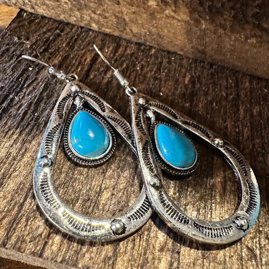 Boho Hippie Cowgirl Western Stamped Turquoise Teardrop Silver Earrings, Gift Box - Silver Elegant