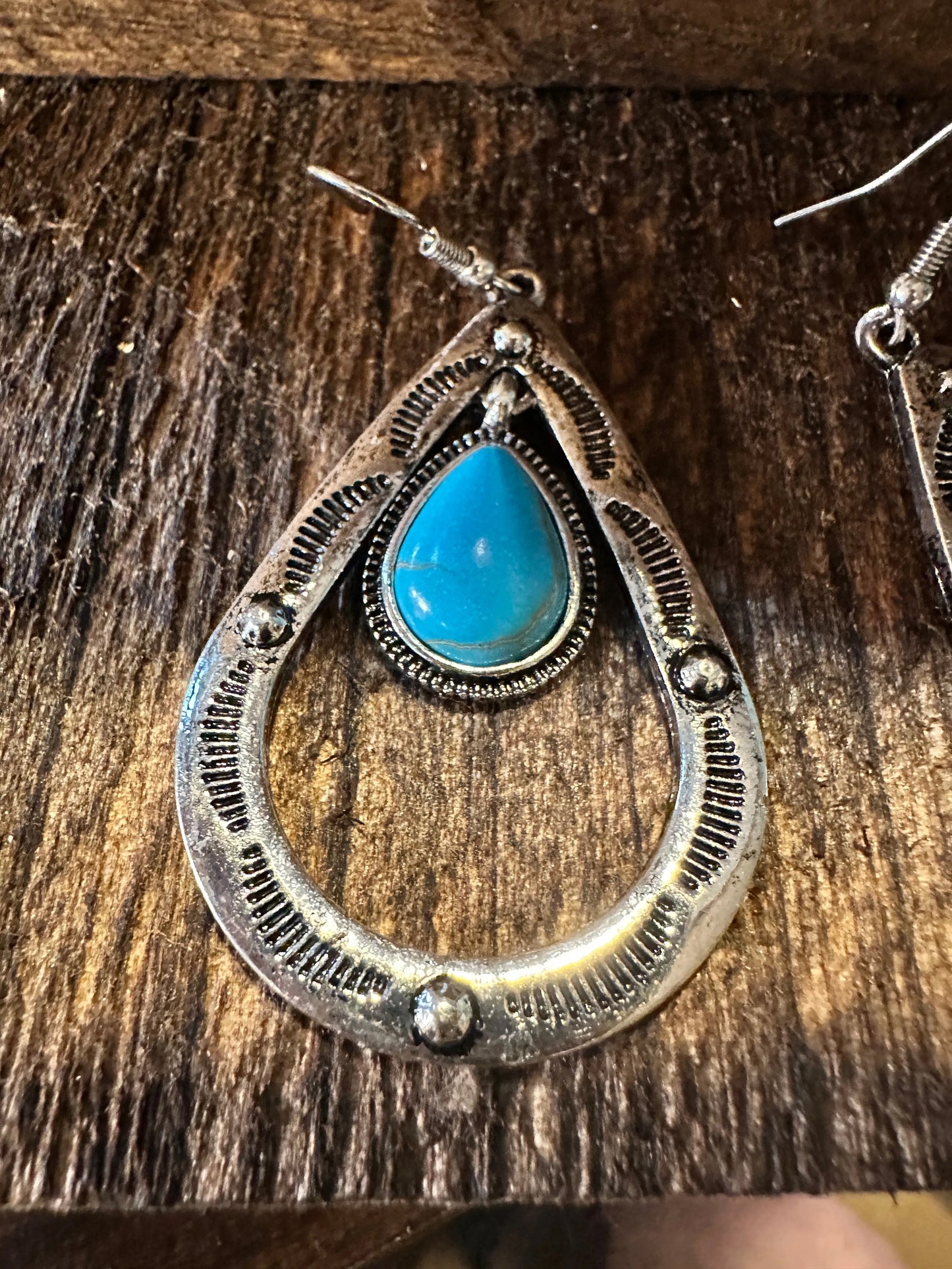 Boho Hippie Cowgirl Western Stamped Turquoise Teardrop Silver Earrings, Gift Box - Silver Elegant