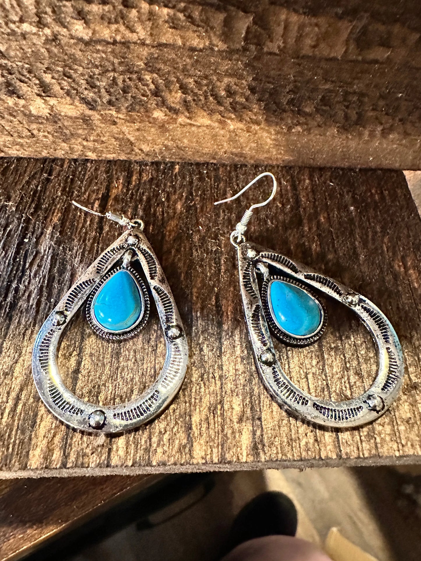 Boho Hippie Cowgirl Western Stamped Turquoise Teardrop Silver Earrings, Gift Box - Silver Elegant