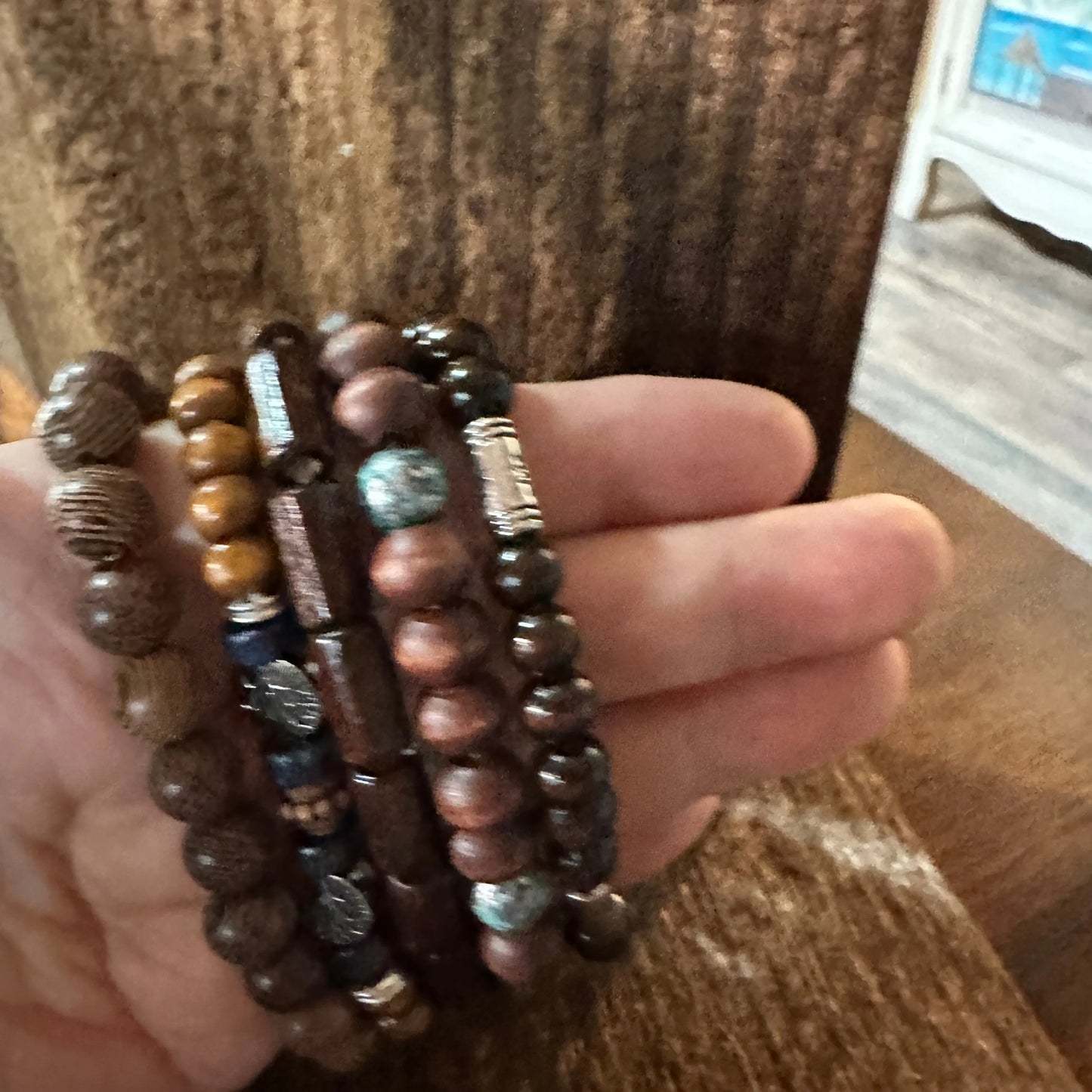 Bohemian Hippie Bracelet, Chic Brown Wooden Bead Coconut Shell Stretch Bracelet, 5Pc/Set, Gift Box - Silver Elegant
