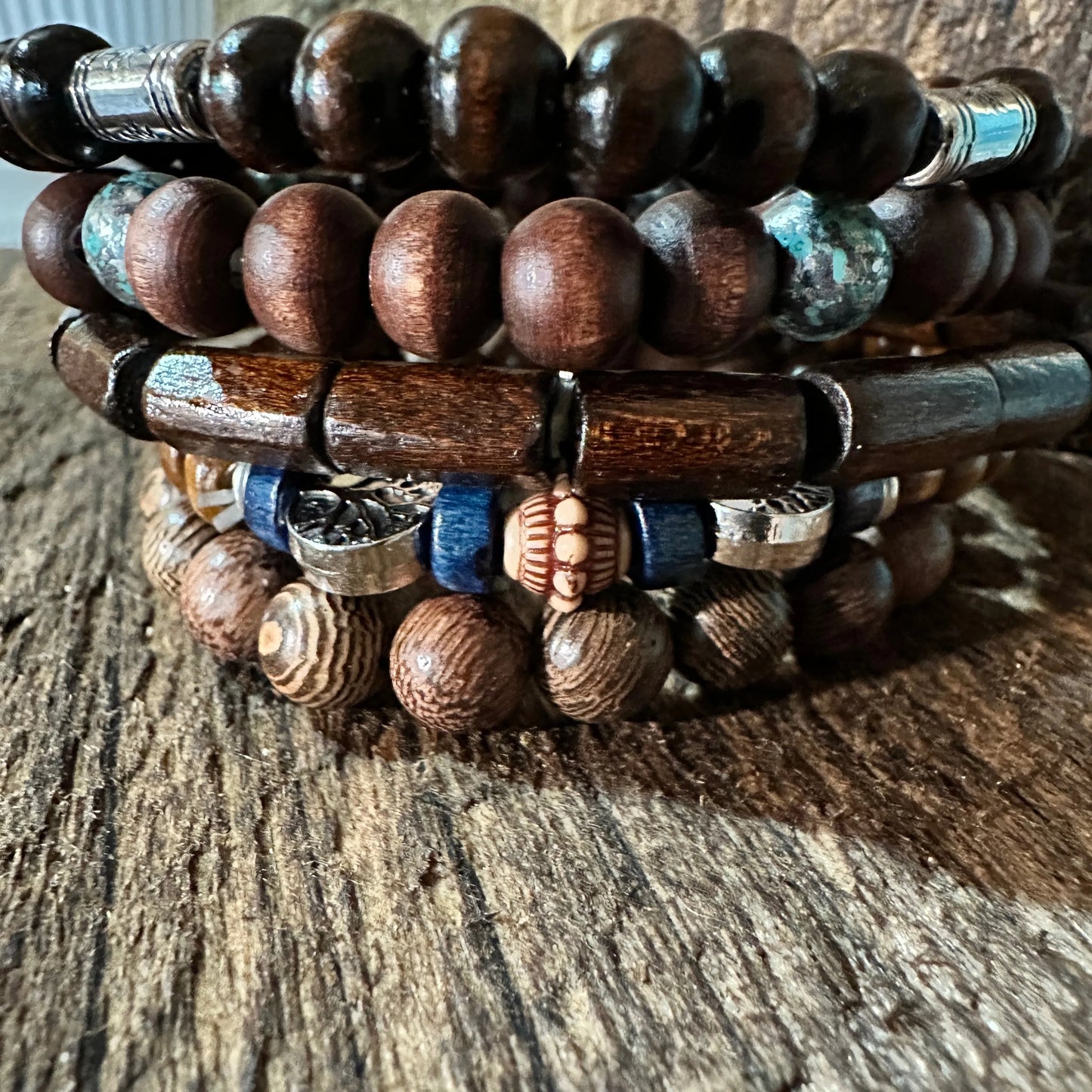 Bohemian Hippie Bracelet, Chic Brown Wooden Bead Coconut Shell Stretch Bracelet, 5Pc/Set, Gift Box - Silver Elegant