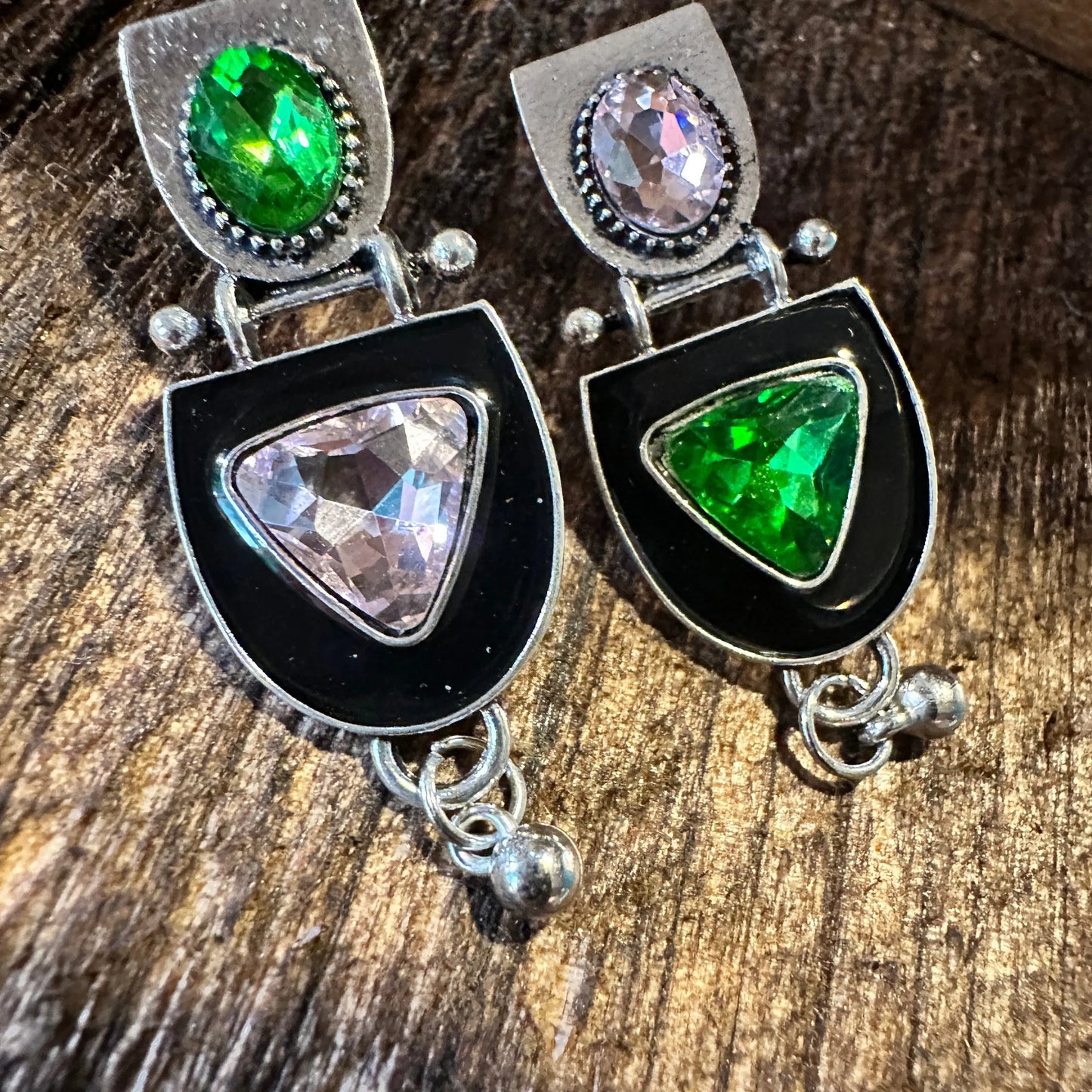 Boho Hippie Geometric Western Silver Drop Stud Earrings, Green Pink Crystal, Gift Box - Silver Elegant