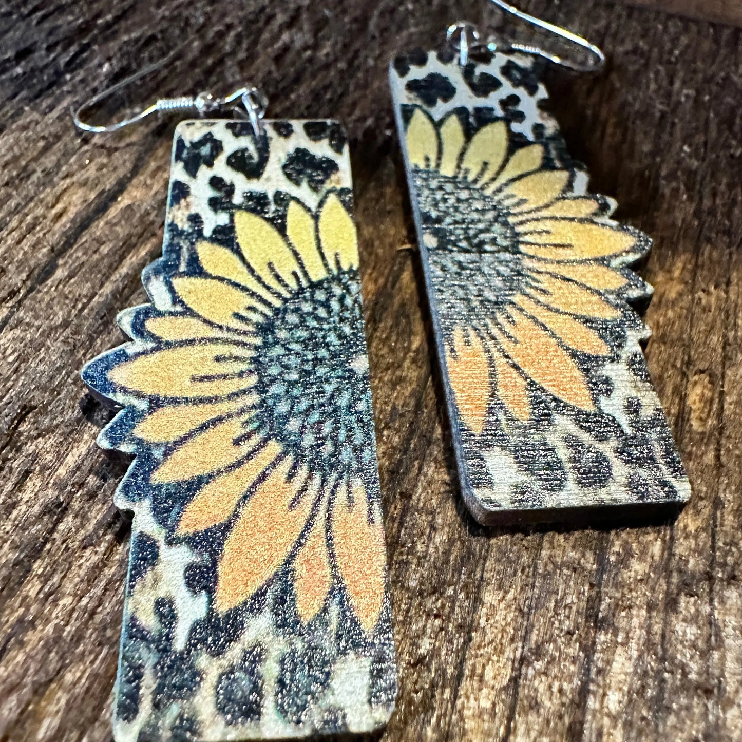 Boho Hippie Western Sunflower Stamped Leather Drop Wire Earrings, Black Yellow, Gift Box - Silver Elegant