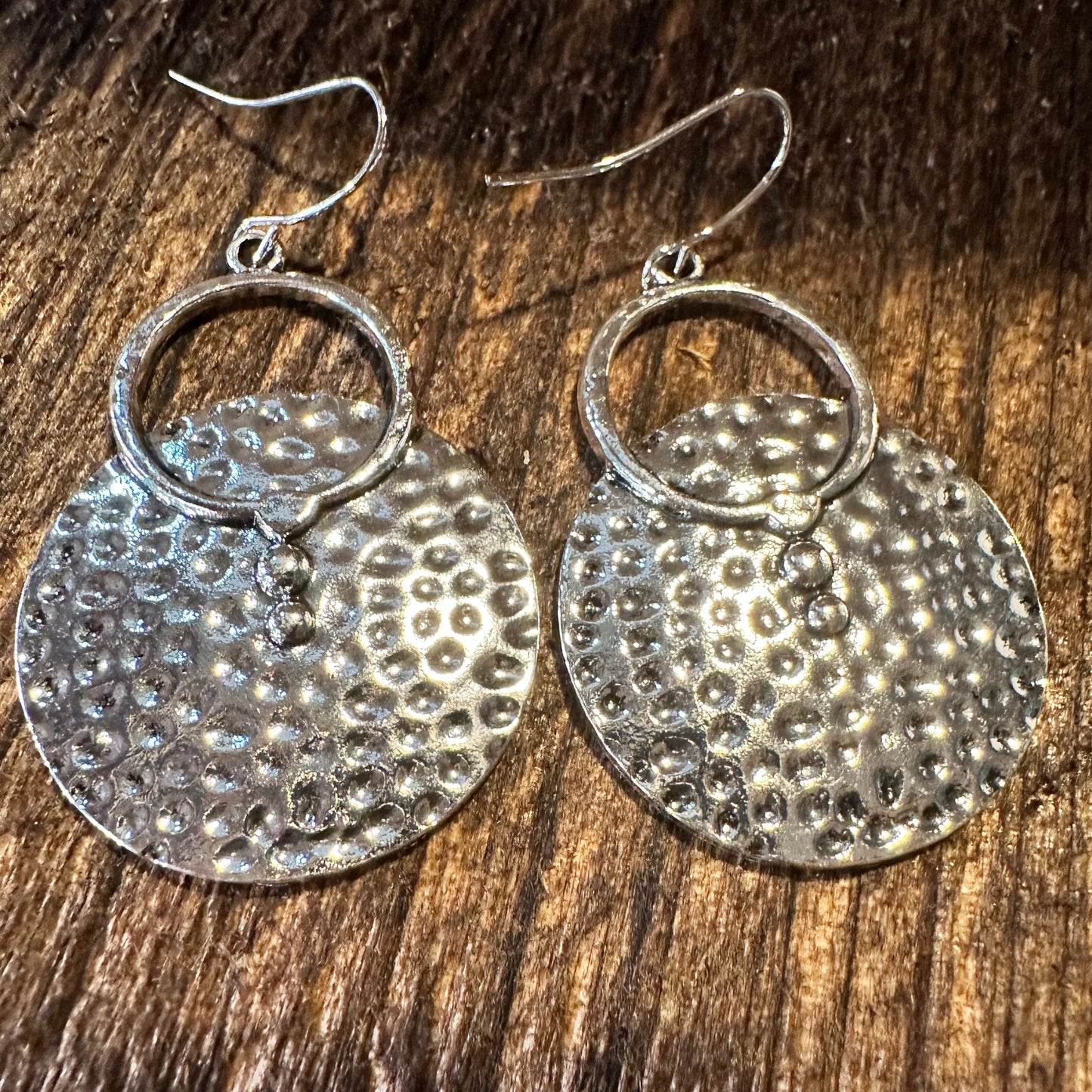 Boho Hippie Western Pounded Silver Circle Drop Wire Earrings, Gift Box - Silver Elegant