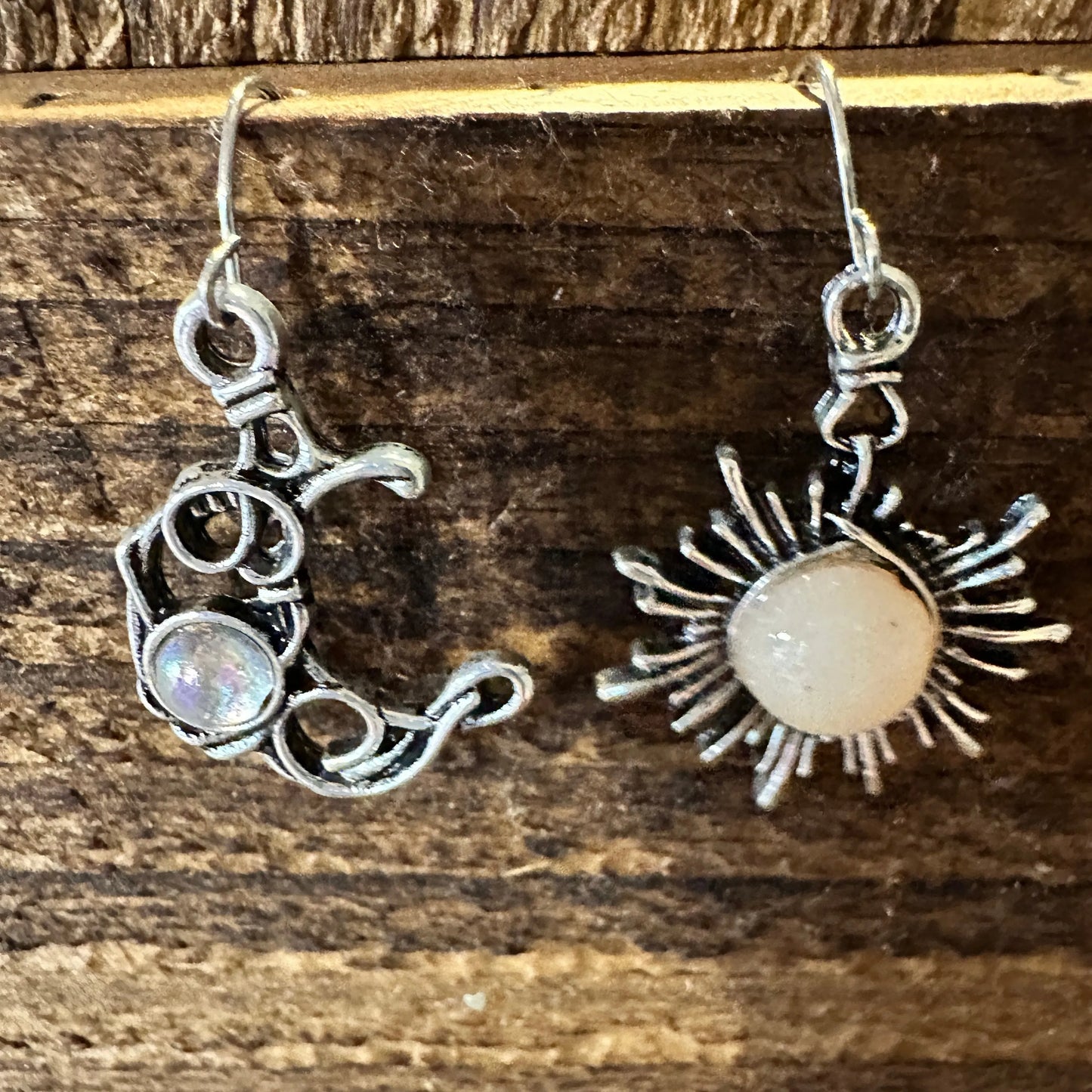 Boho Hippie Western Sun & Moon Opal Stone Silver Drop Wire Earrings, Gift Box - Silver Elegant