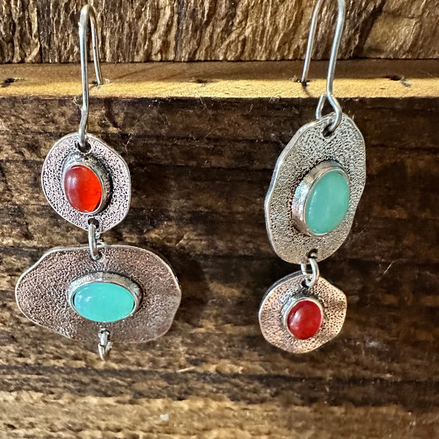 Boho Hippie Western Turquoise & Coral Stone Delicate Silver Drop Wire Earrings, Gift Box - Silver Elegant