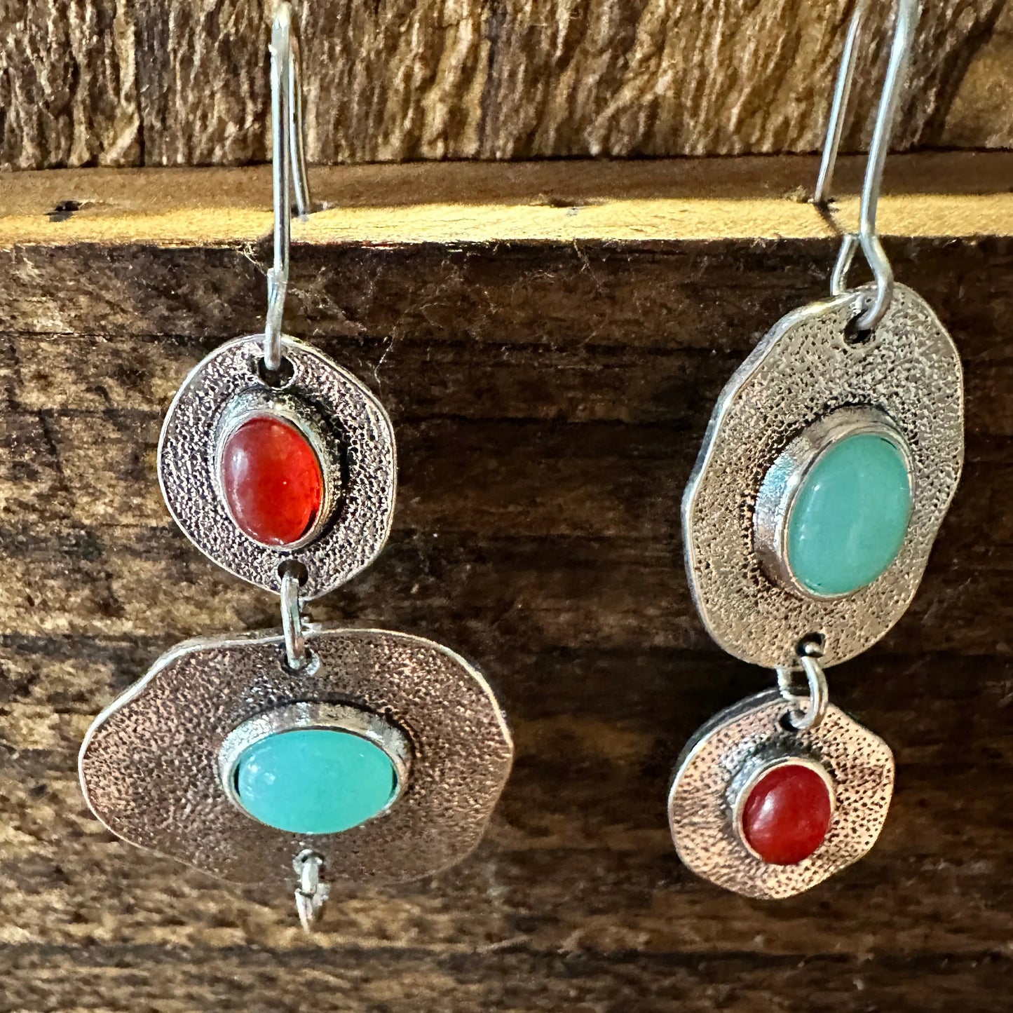 Boho Hippie Western Turquoise & Coral Stone Delicate Silver Drop Wire Earrings, Gift Box - Silver Elegant