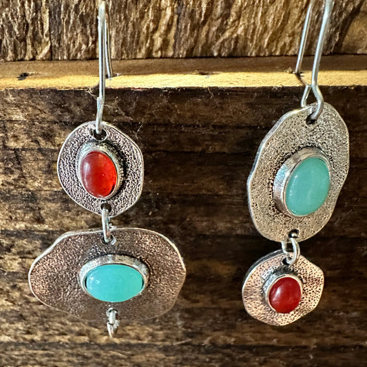 Boho Hippie Western Turquoise & Coral Stone Delicate Silver Drop Wire Earrings, Gift Box - Silver Elegant