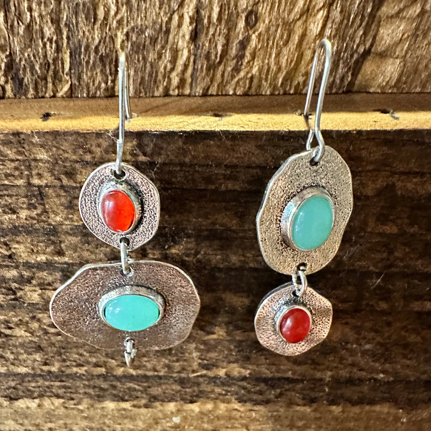 Boho Hippie Western Turquoise & Coral Stone Delicate Silver Drop Wire Earrings, Gift Box - Silver Elegant