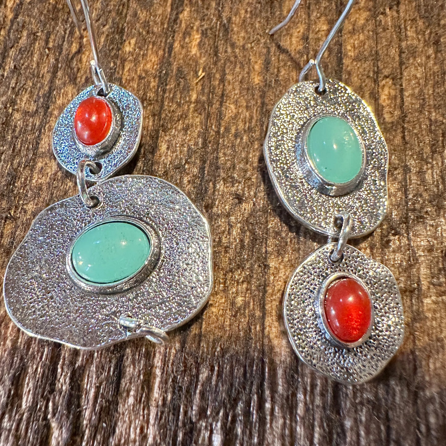 Boho Hippie Western Turquoise & Coral Stone Delicate Silver Drop Wire Earrings, Gift Box - Silver Elegant