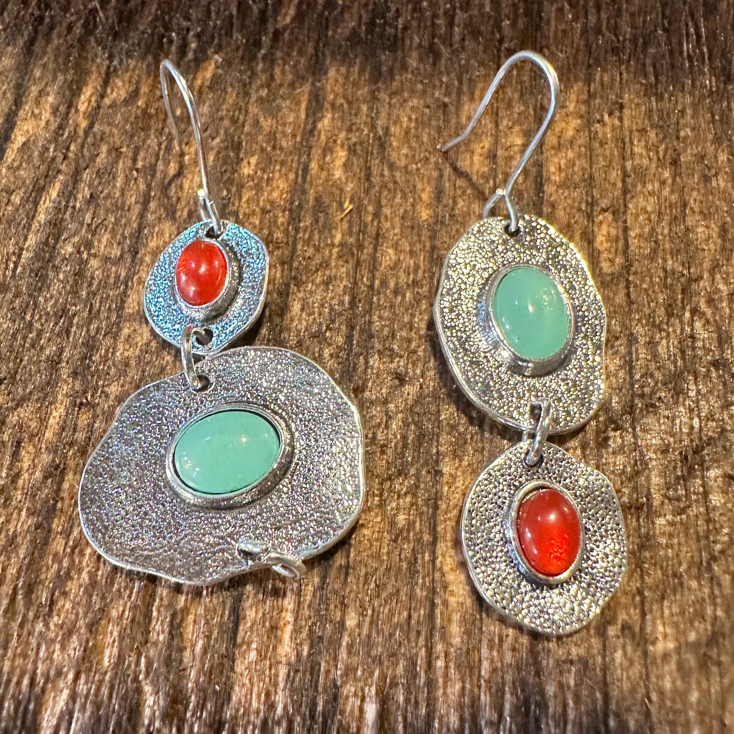 Boho Hippie Western Turquoise & Coral Stone Delicate Silver Drop Wire Earrings, Gift Box - Silver Elegant