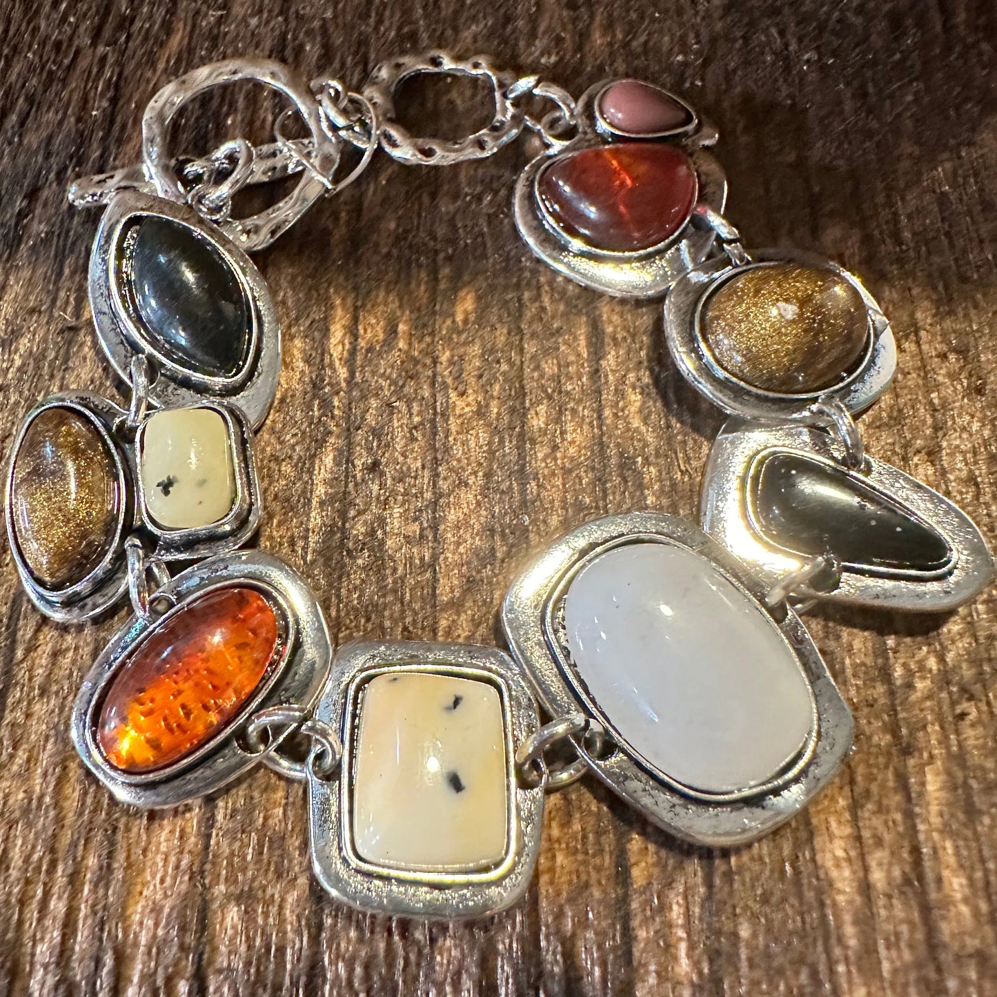 Handcrafted Boho Western Chic Natural Stone Link Bracelet, Adjustable, Multicolor, Gift Box - Silver Elegant