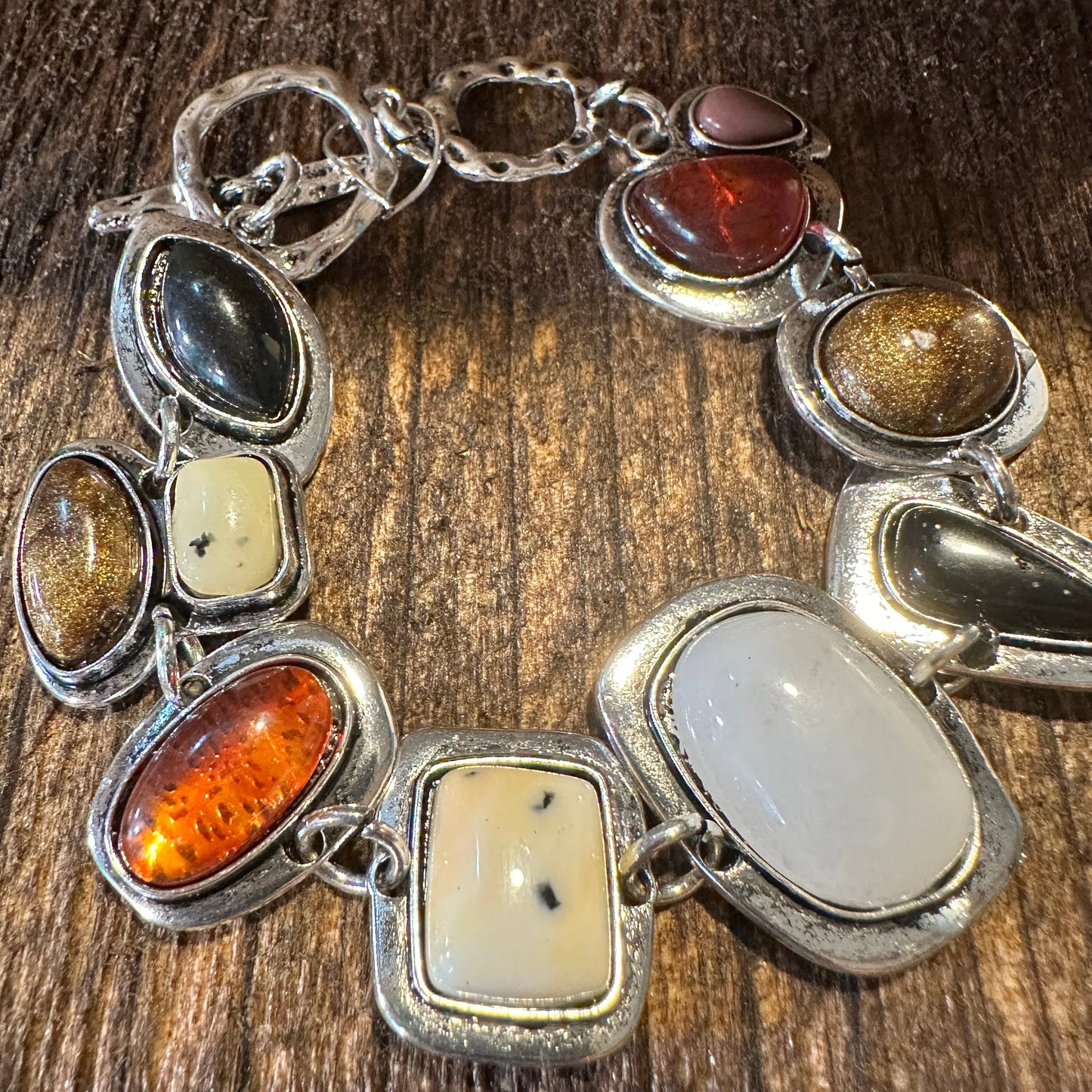 Handcrafted Boho Western Chic Natural Stone Link Bracelet, Adjustable, Multicolor, Gift Box - Silver Elegant
