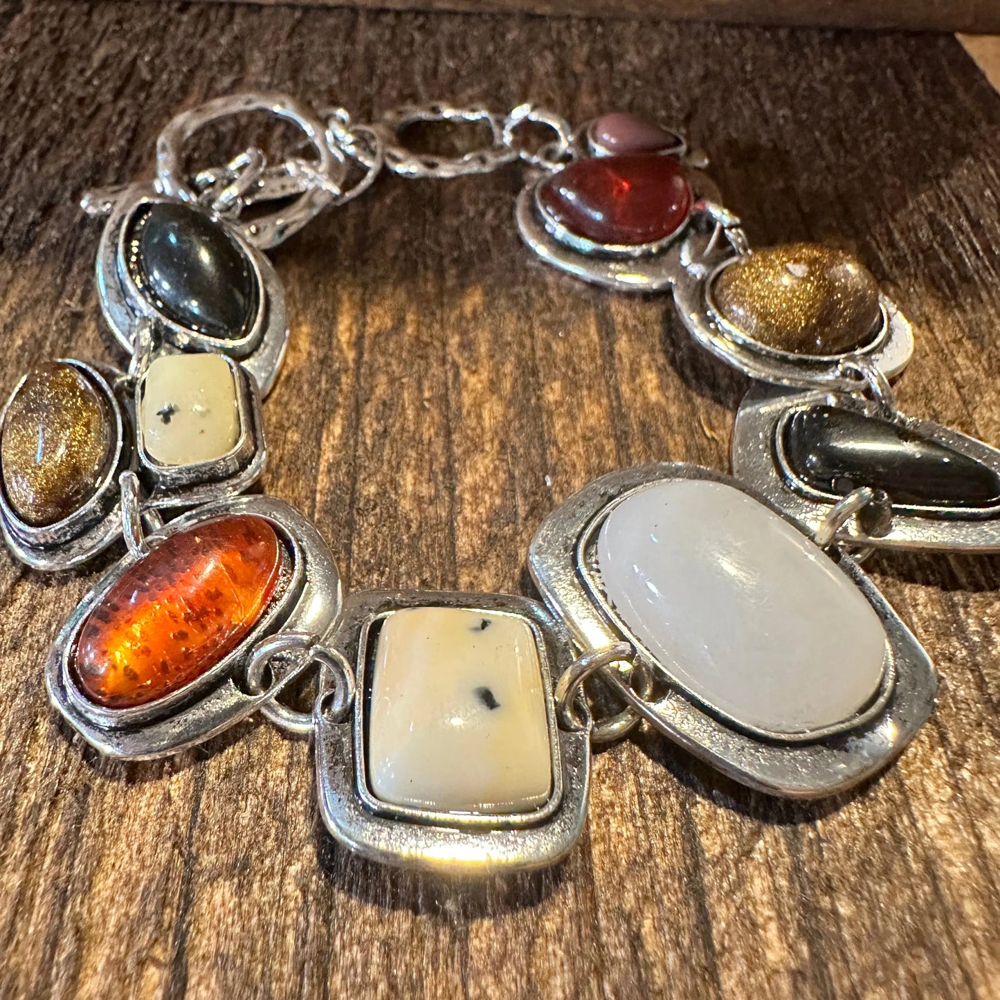 Handcrafted Boho Western Chic Natural Stone Link Bracelet, Adjustable, Multicolor, Gift Box - Silver Elegant
