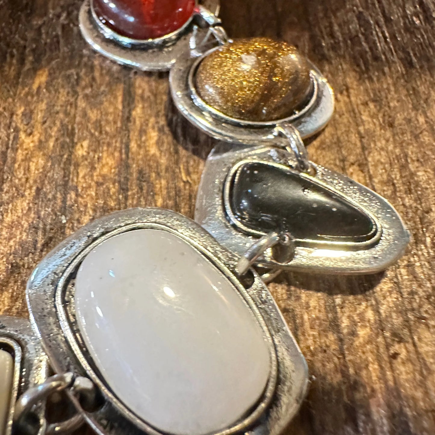 Handcrafted Boho Western Chic Natural Stone Link Bracelet, Adjustable, Multicolor, Gift Box - Silver Elegant