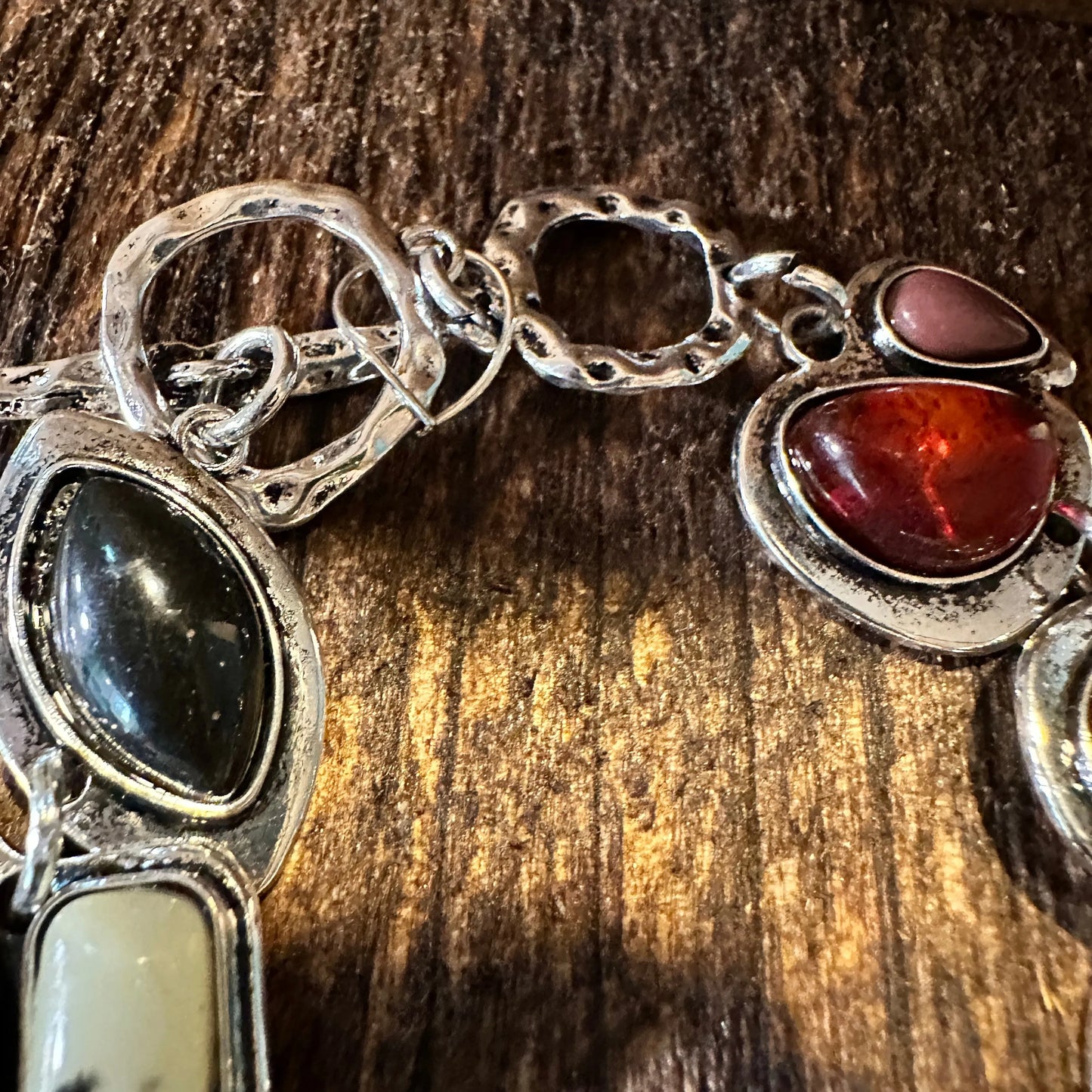 Handcrafted Boho Western Chic Natural Stone Link Bracelet, Adjustable, Multicolor, Gift Box - Silver Elegant
