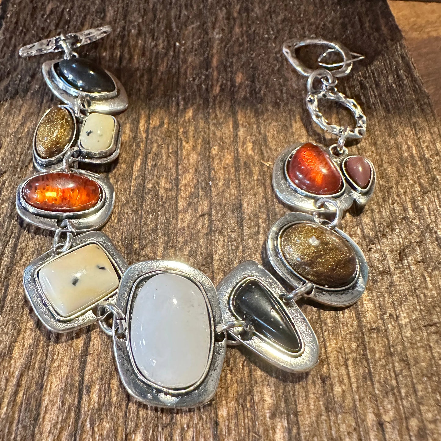 Handcrafted Boho Western Chic Natural Stone Link Bracelet, Adjustable, Multicolor, Gift Box - Silver Elegant